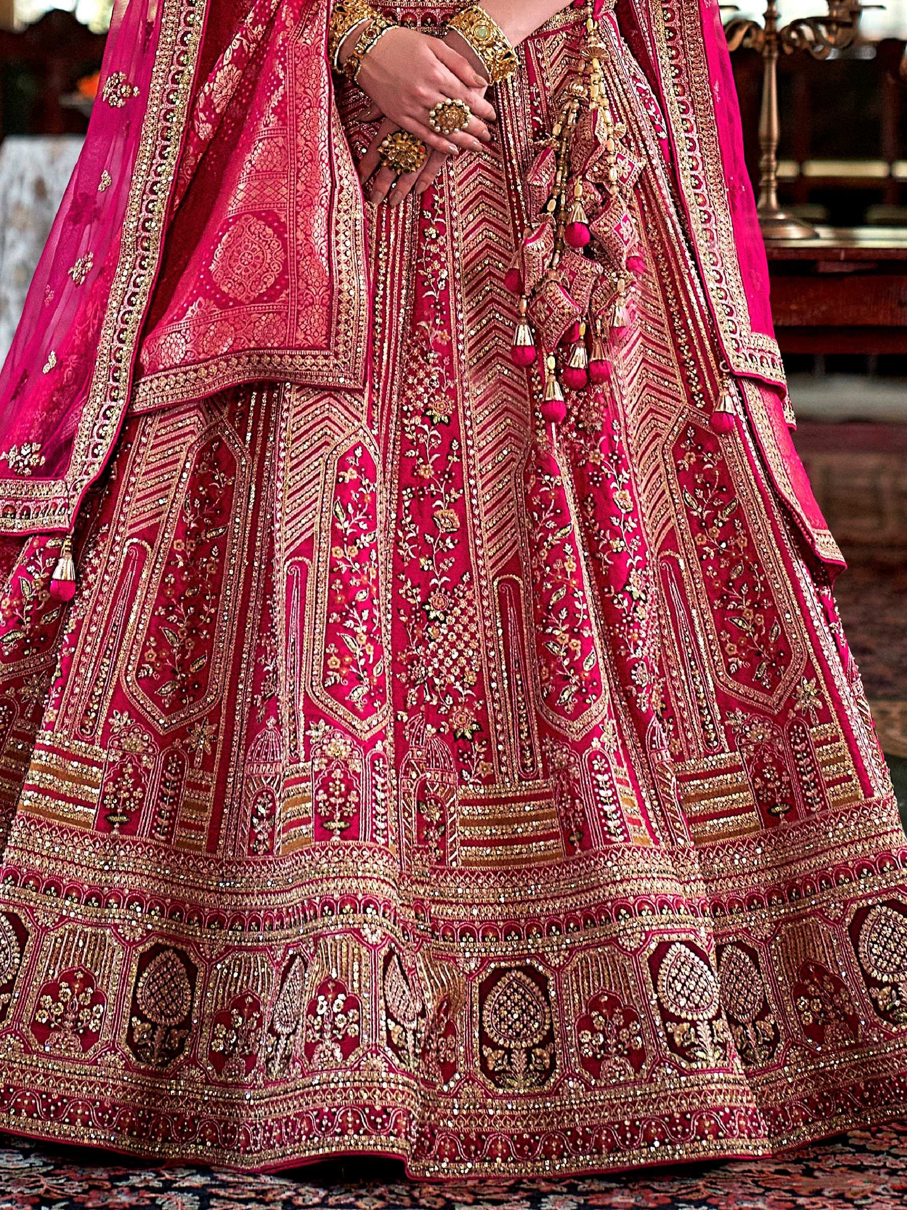 Charming Rani Pink Thread Embroidered Silk Bridal Lehenga Choli With Double Dupatta