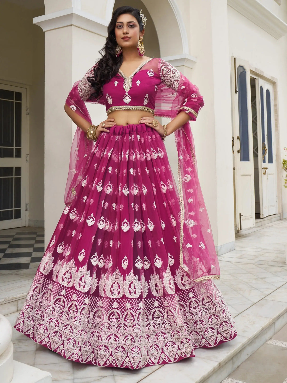 Charming Rani Pink Thread Work Net Wedding Wear Lehenga Choli - Zeel Clothing