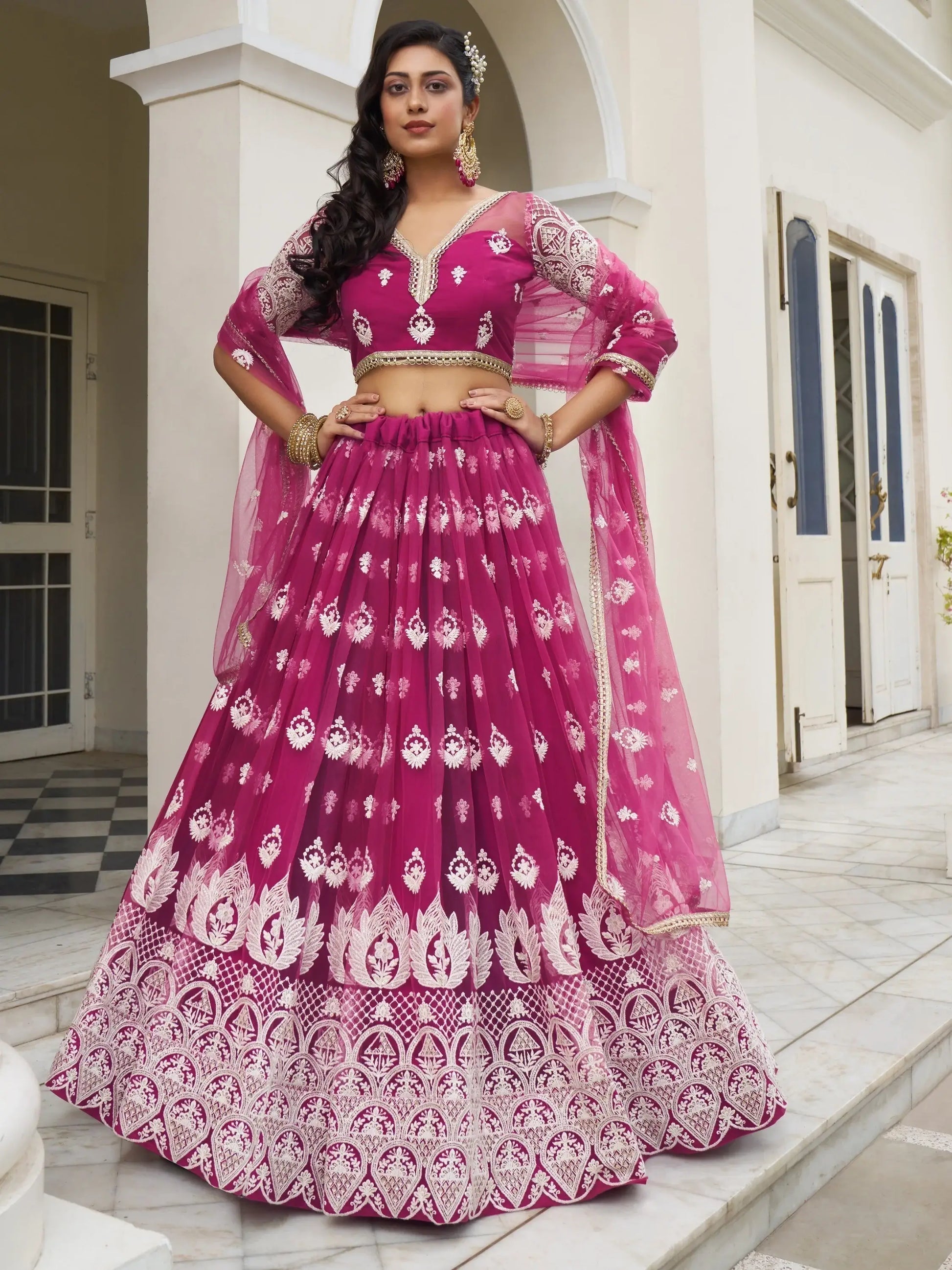 Charming Rani Pink Thread Work Net Wedding Wear Lehenga Choli - Zeel Clothing