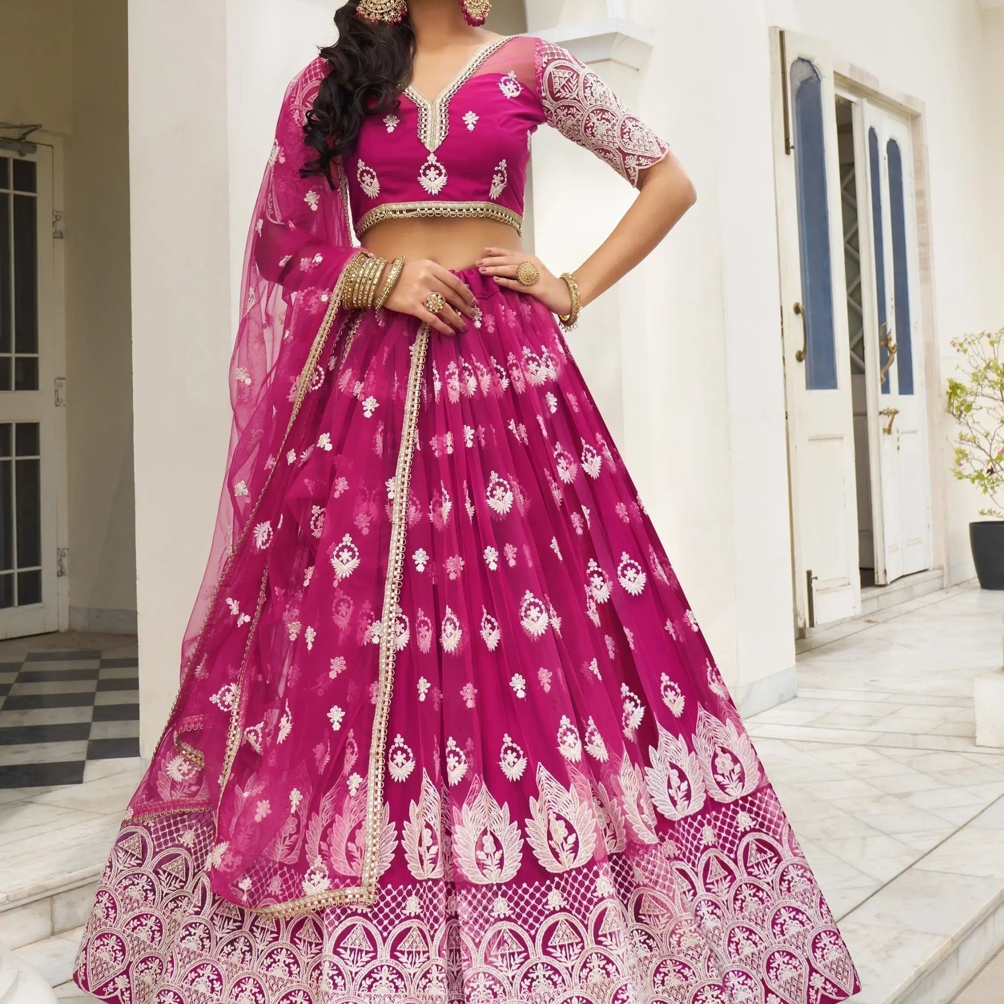 Charming Rani Pink Thread Work Net Wedding Wear Lehenga Choli - Zeel Clothing