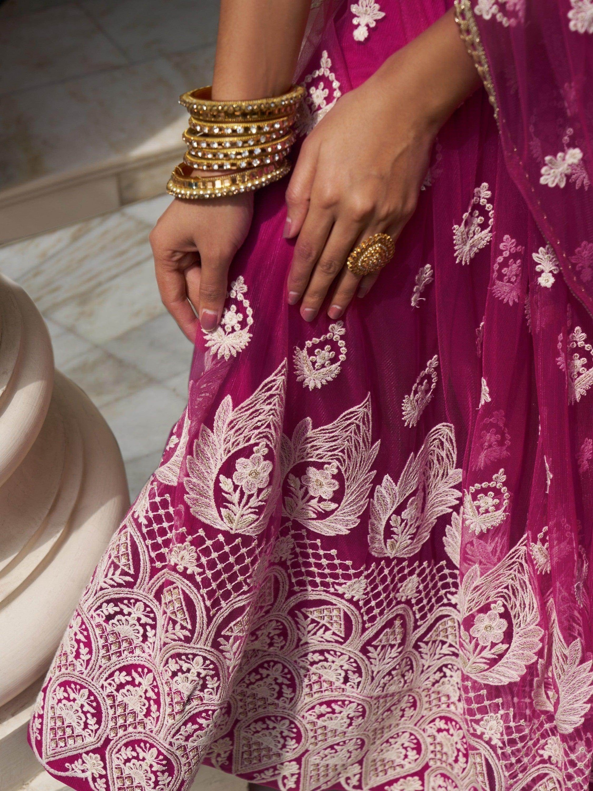 Charming Rani Pink Thread Work Net Wedding Wear Lehenga Choli - Zeel Clothing