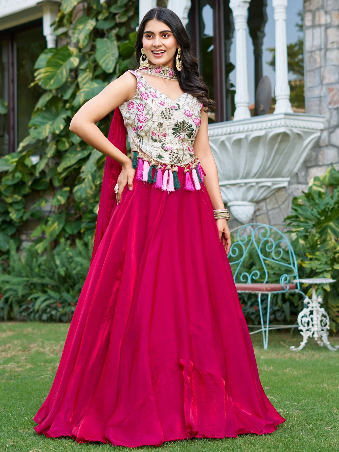 Charming Rani Pink Tissue Silk Event Wear Lehenga With Thread Work Blouse - Zeel Clothing