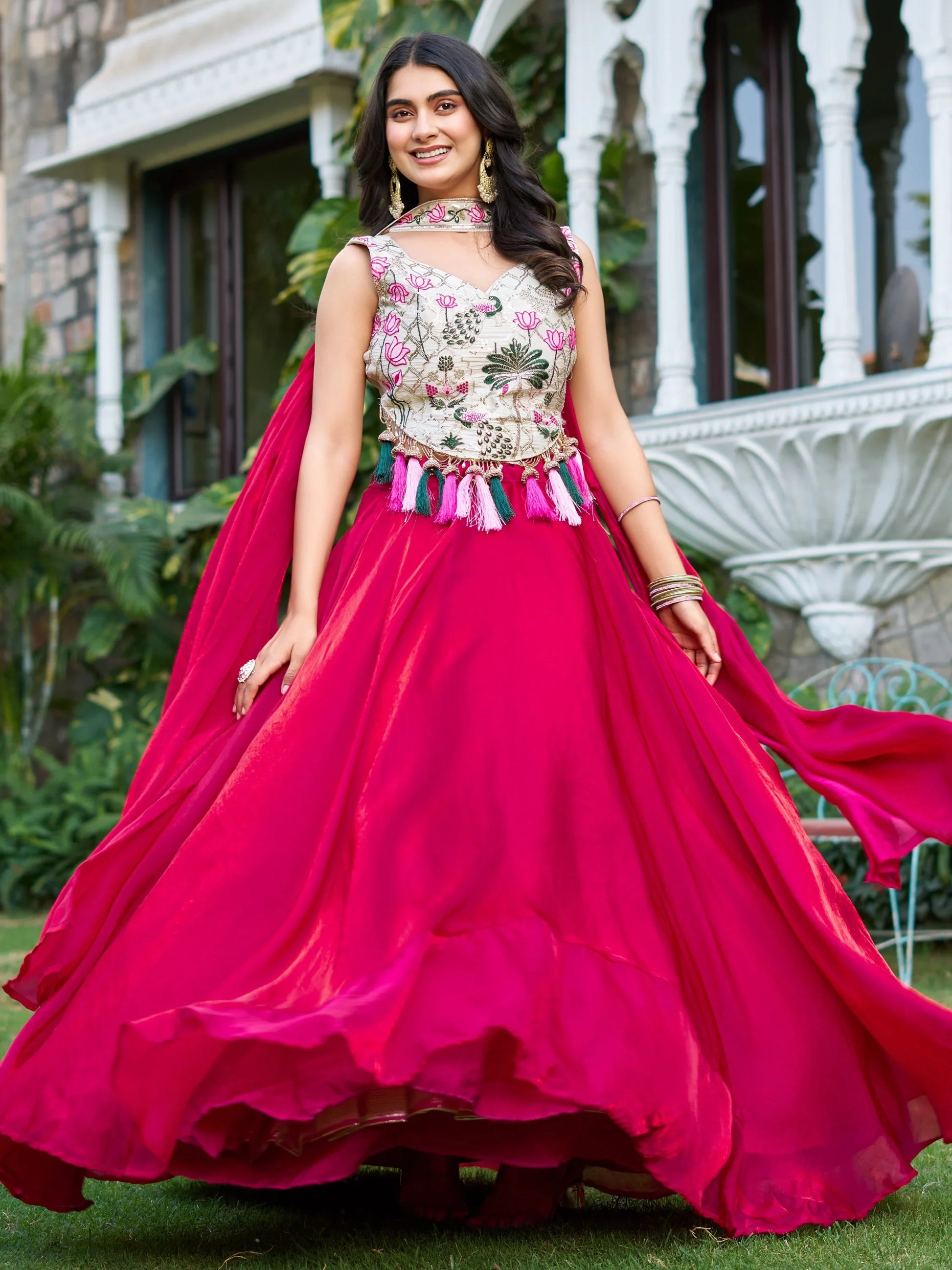 Charming Rani Pink Tissue Silk Event Wear Lehenga With Thread Work Blouse - Zeel Clothing