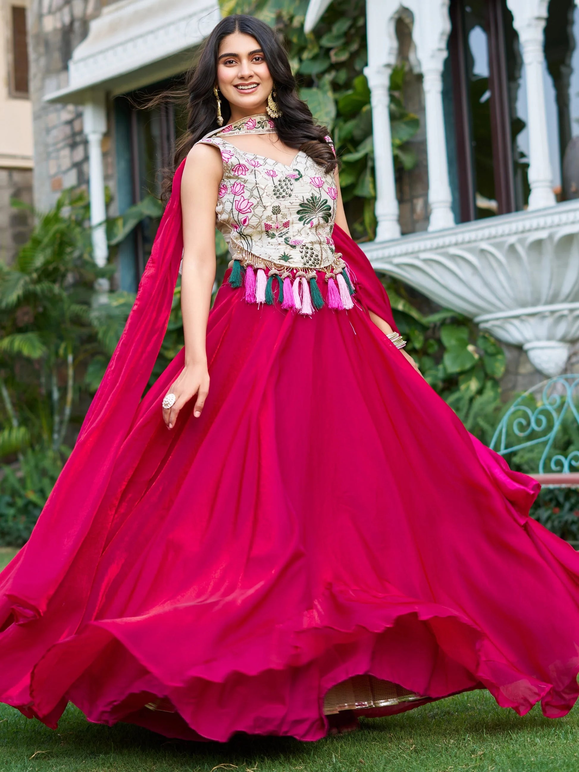 Charming Rani Pink Tissue Silk Event Wear Lehenga With Thread Work Blouse - Zeel Clothing