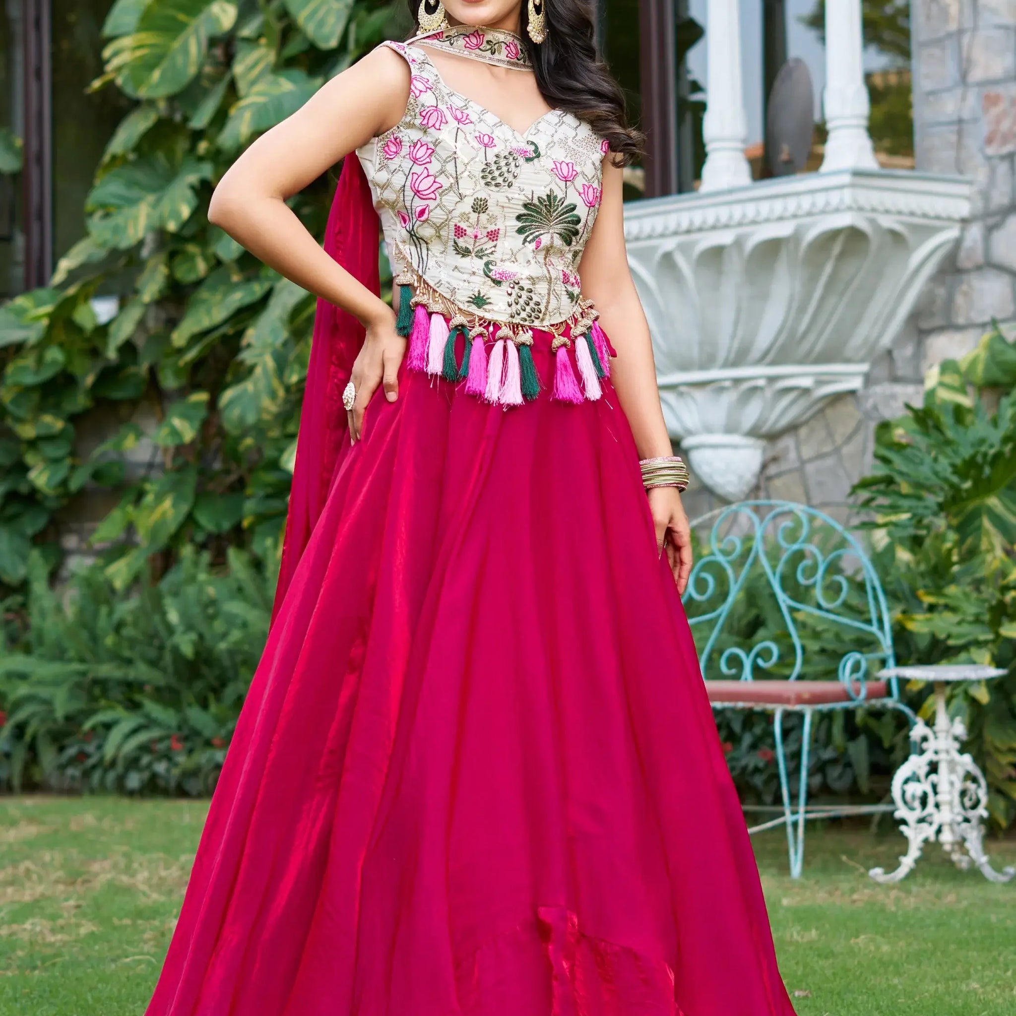 Charming Rani Pink Tissue Silk Event Wear Lehenga With Thread Work Blouse - Zeel Clothing