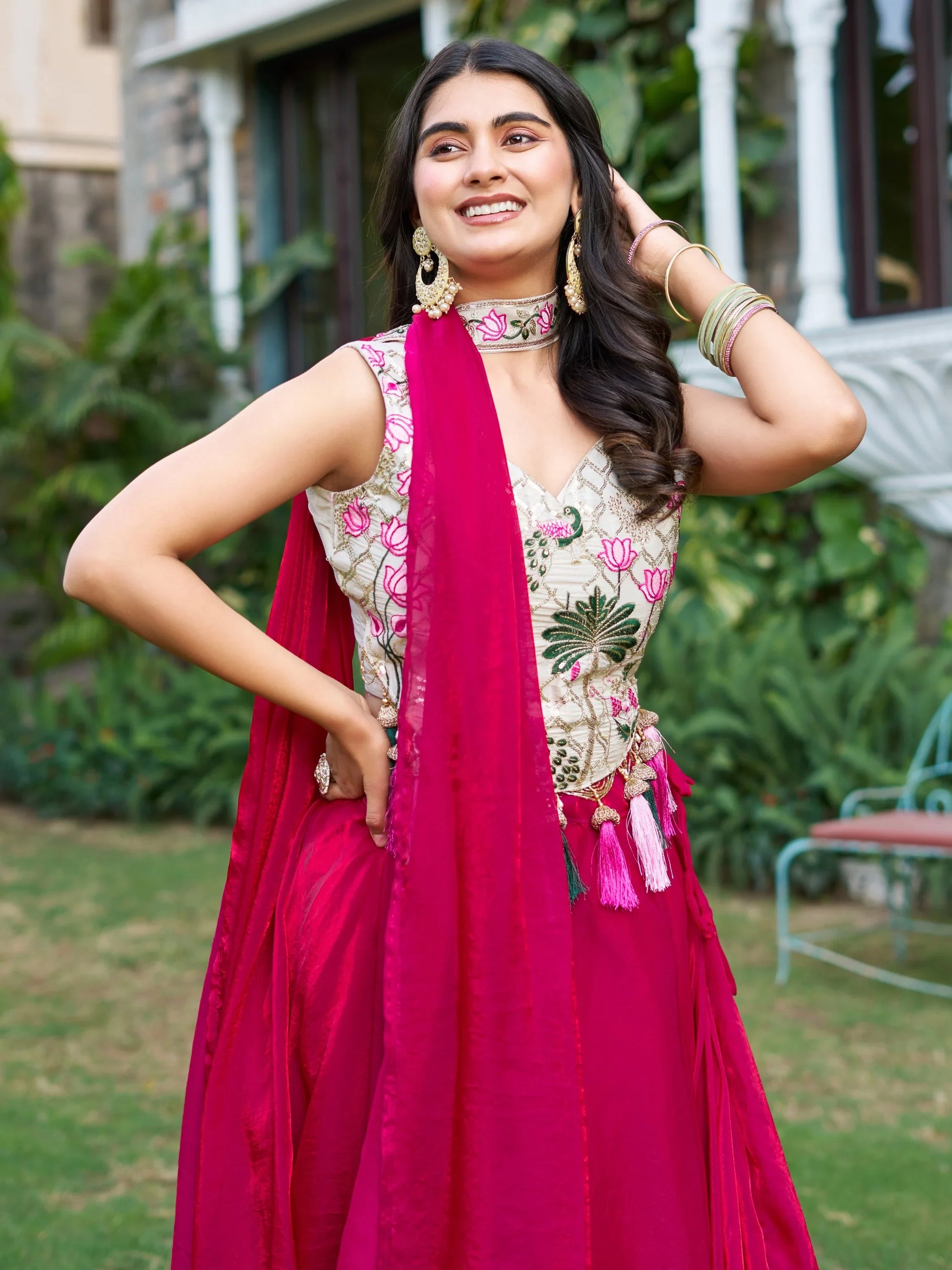 Charming Rani Pink Tissue Silk Event Wear Lehenga With Thread Work Blouse - Zeel Clothing