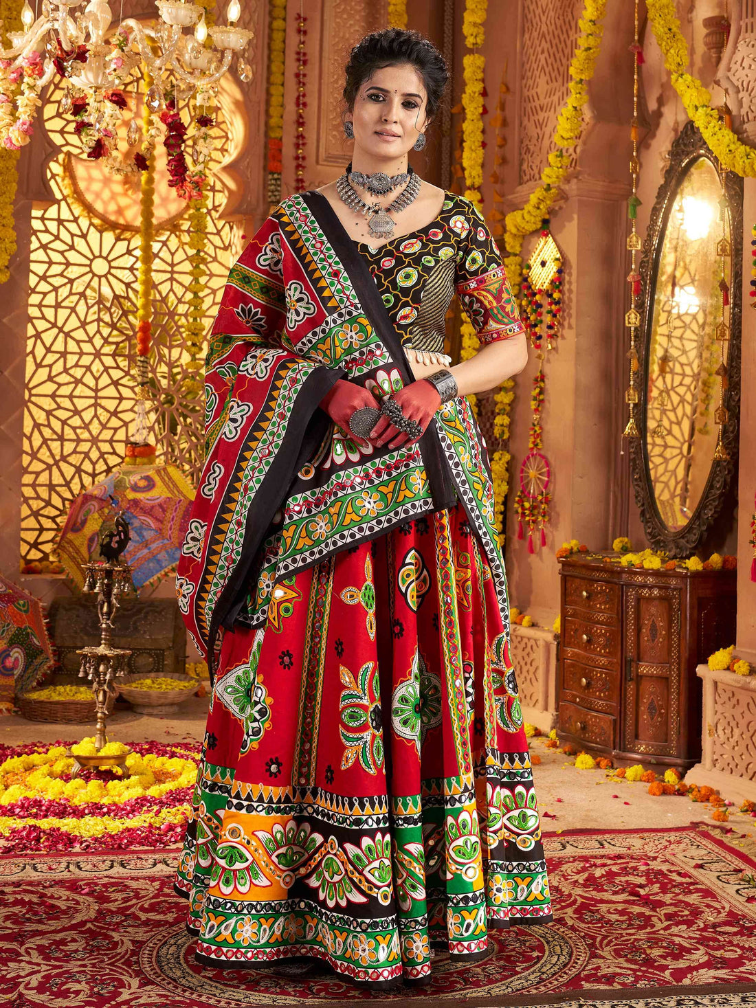 Charming Red Aari Work Cotton Navratri Special Lehenga Choli With Dupatta - Zeel Clothing