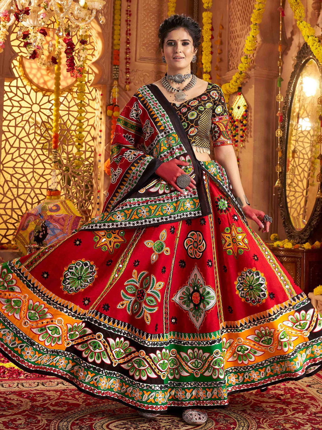 Charming Red Aari Work Cotton Navratri Special Lehenga Choli With Dupatta - Zeel Clothing