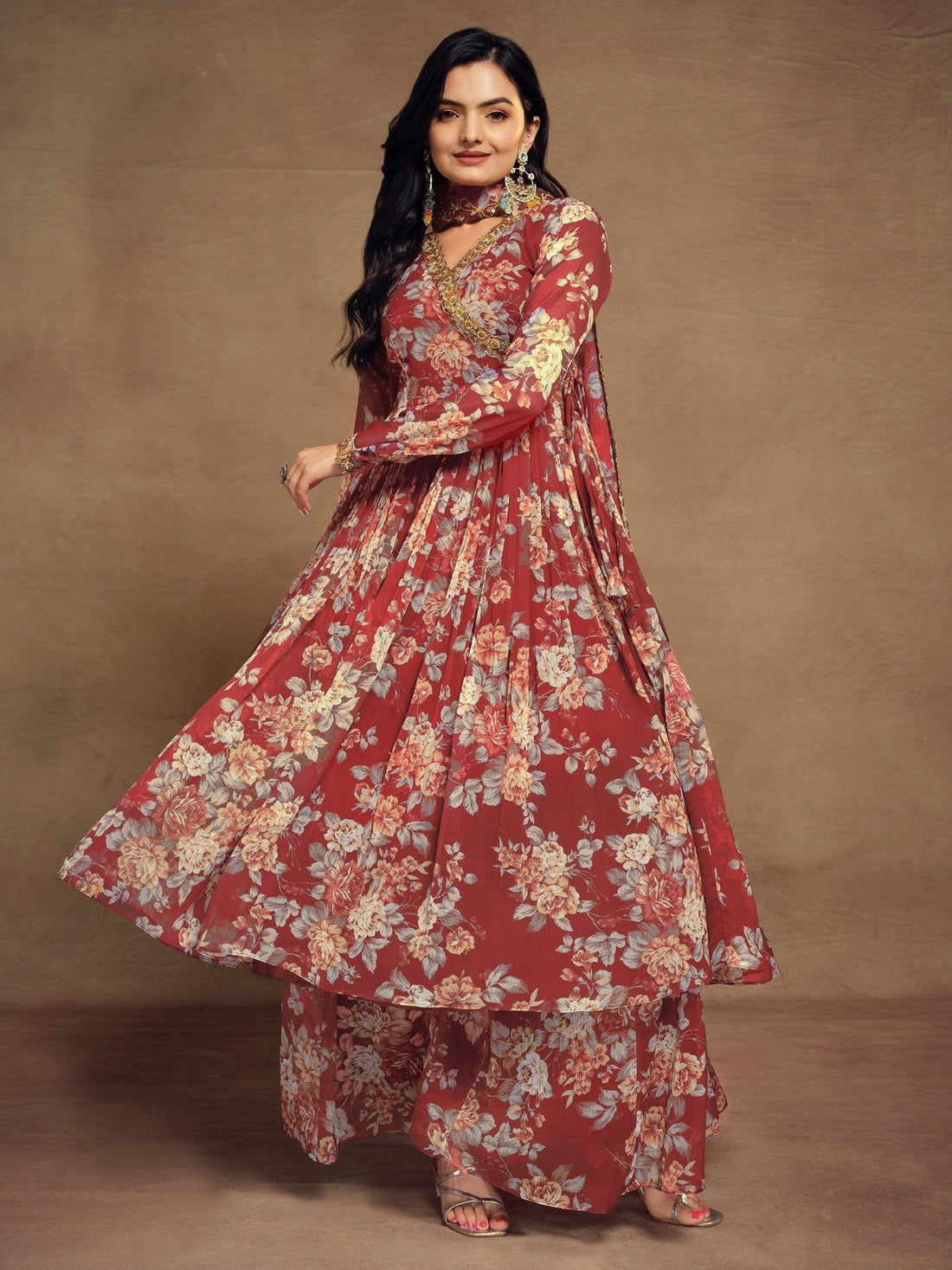Charming Red Floral Printed Chiffon Festival Wear Palazzo Suit