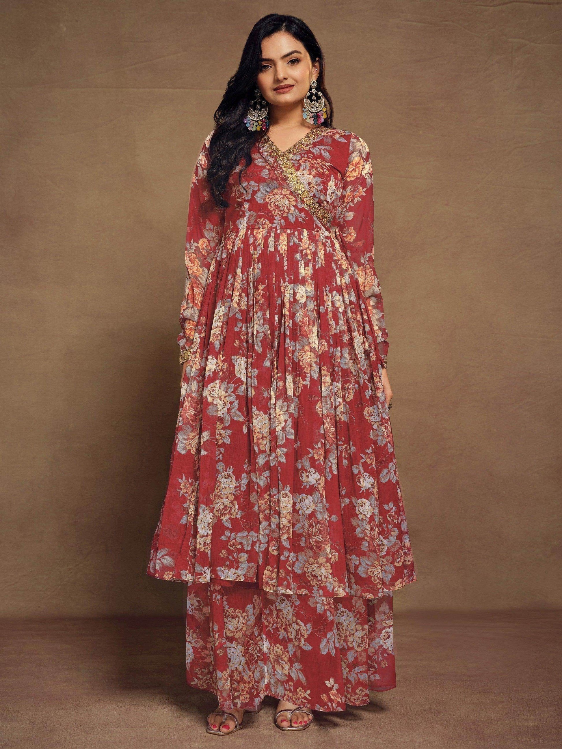 Charming Red Floral Printed Chiffon Festival Wear Palazzo Suit - Zeel Clothing