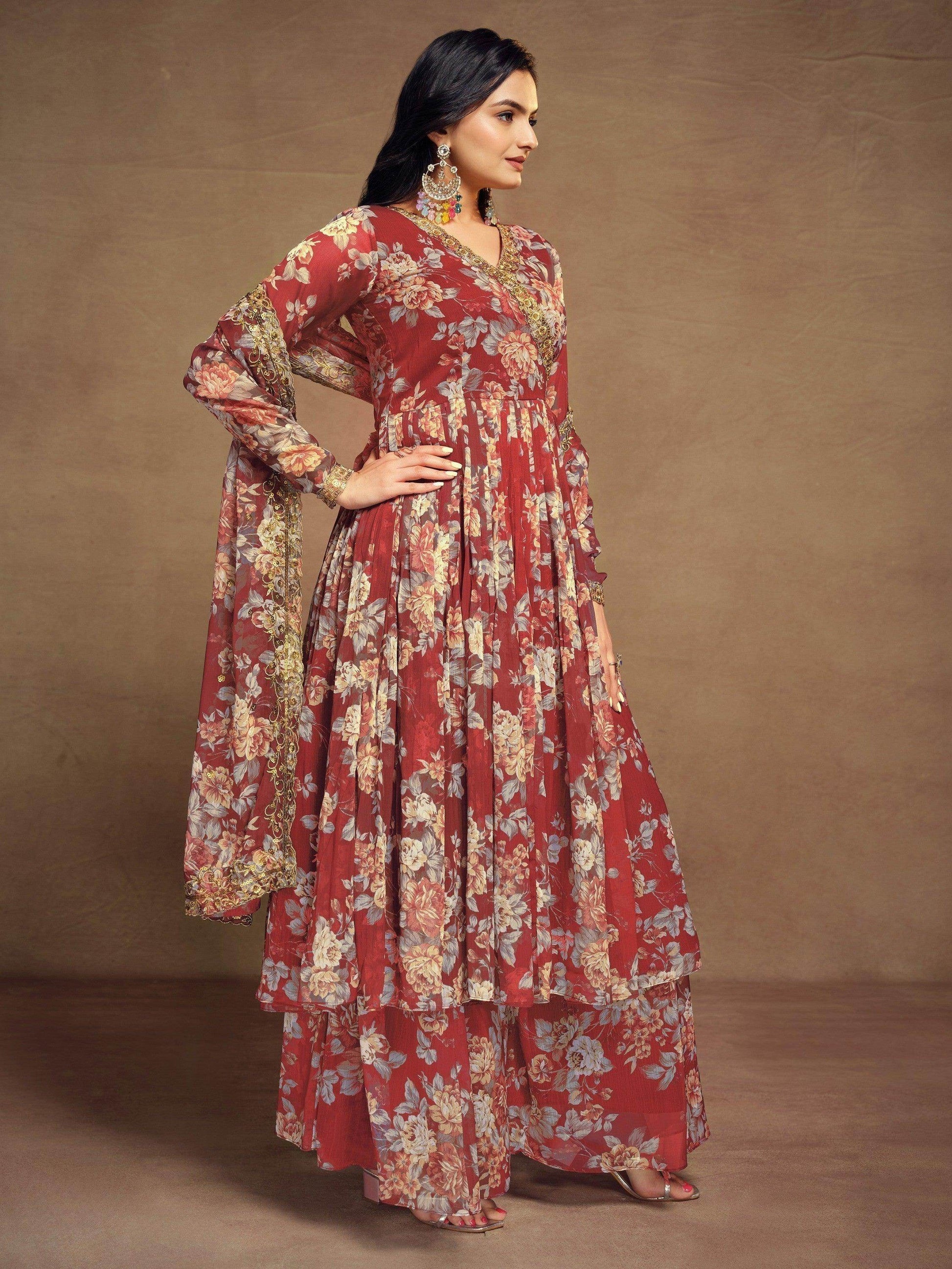 Charming Red Floral Printed Chiffon Festival Wear Palazzo Suit - Zeel Clothing