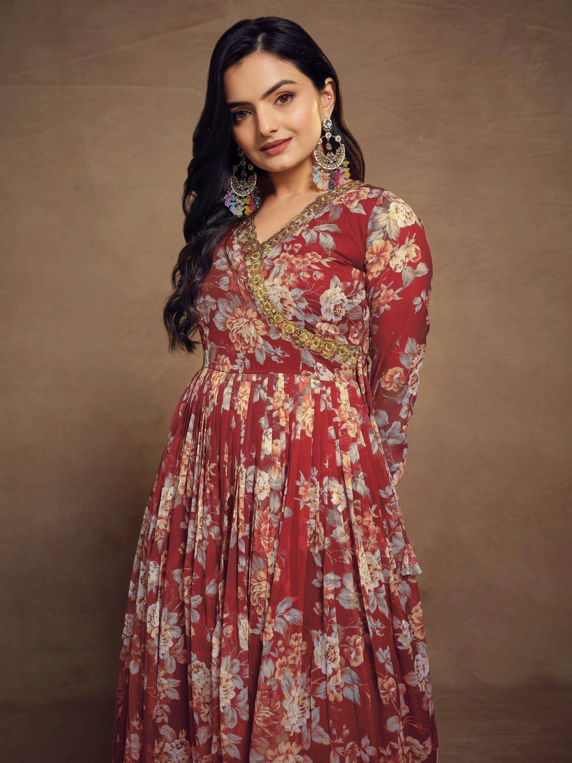Charming Red Floral Printed Chiffon Festival Wear Palazzo Suit - Zeel Clothing