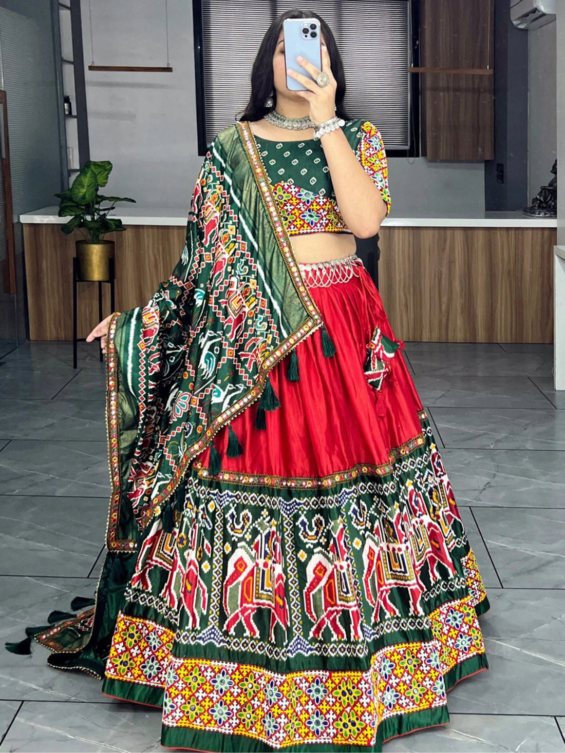 Charming Red Patola Printed Silk Navratri Lehenga Choli With Dupatta - Zeel Clothing