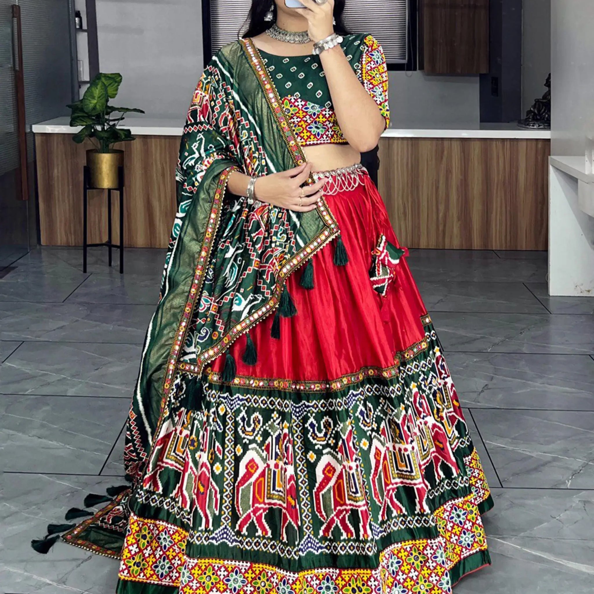 Charming Red Patola Printed Silk Navratri Lehenga Choli With Dupatta - Zeel Clothing