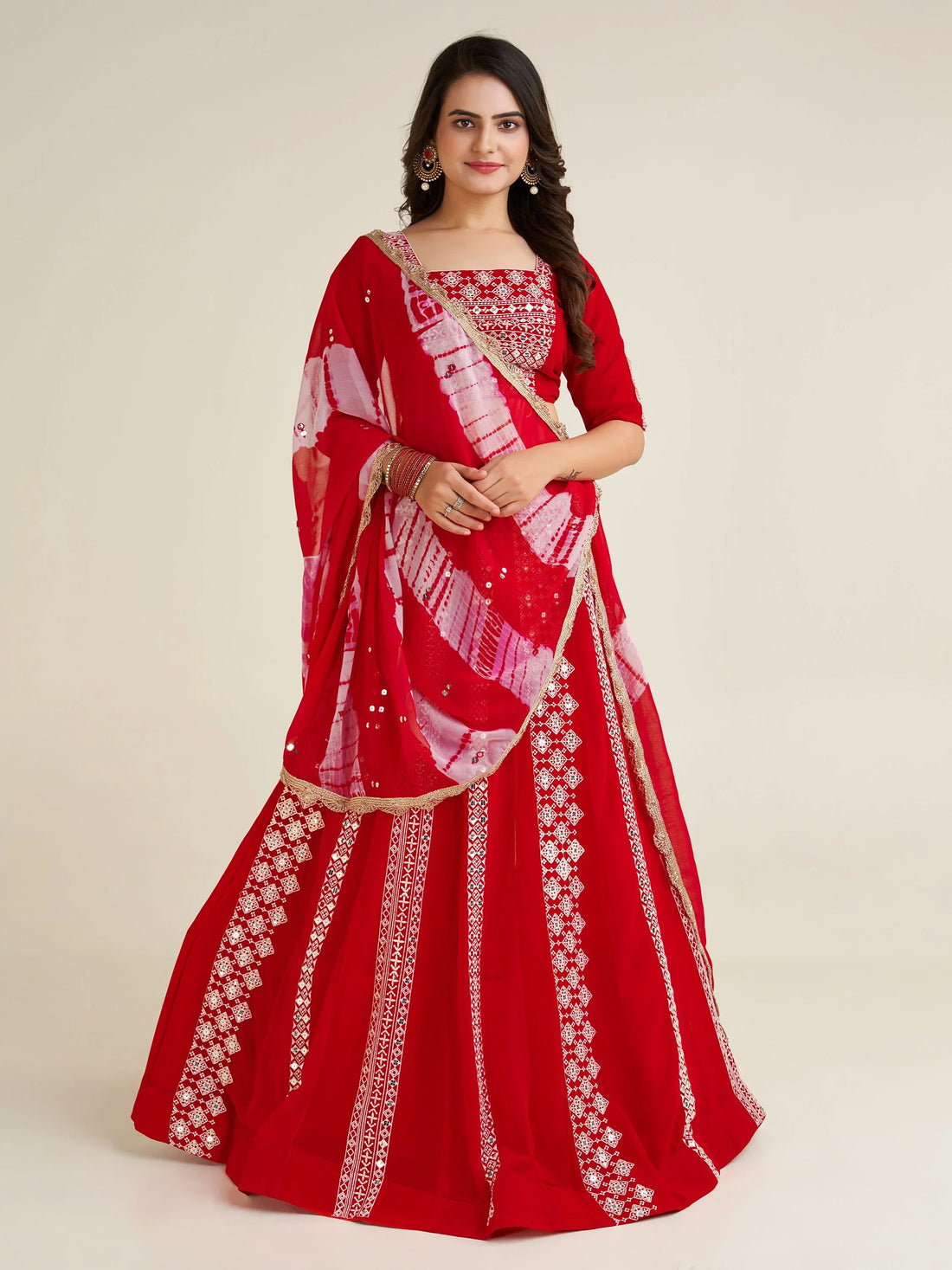 Charming Red Thread Work Georgette Navratri Wear Lehenga Choli - Zeel Clothing