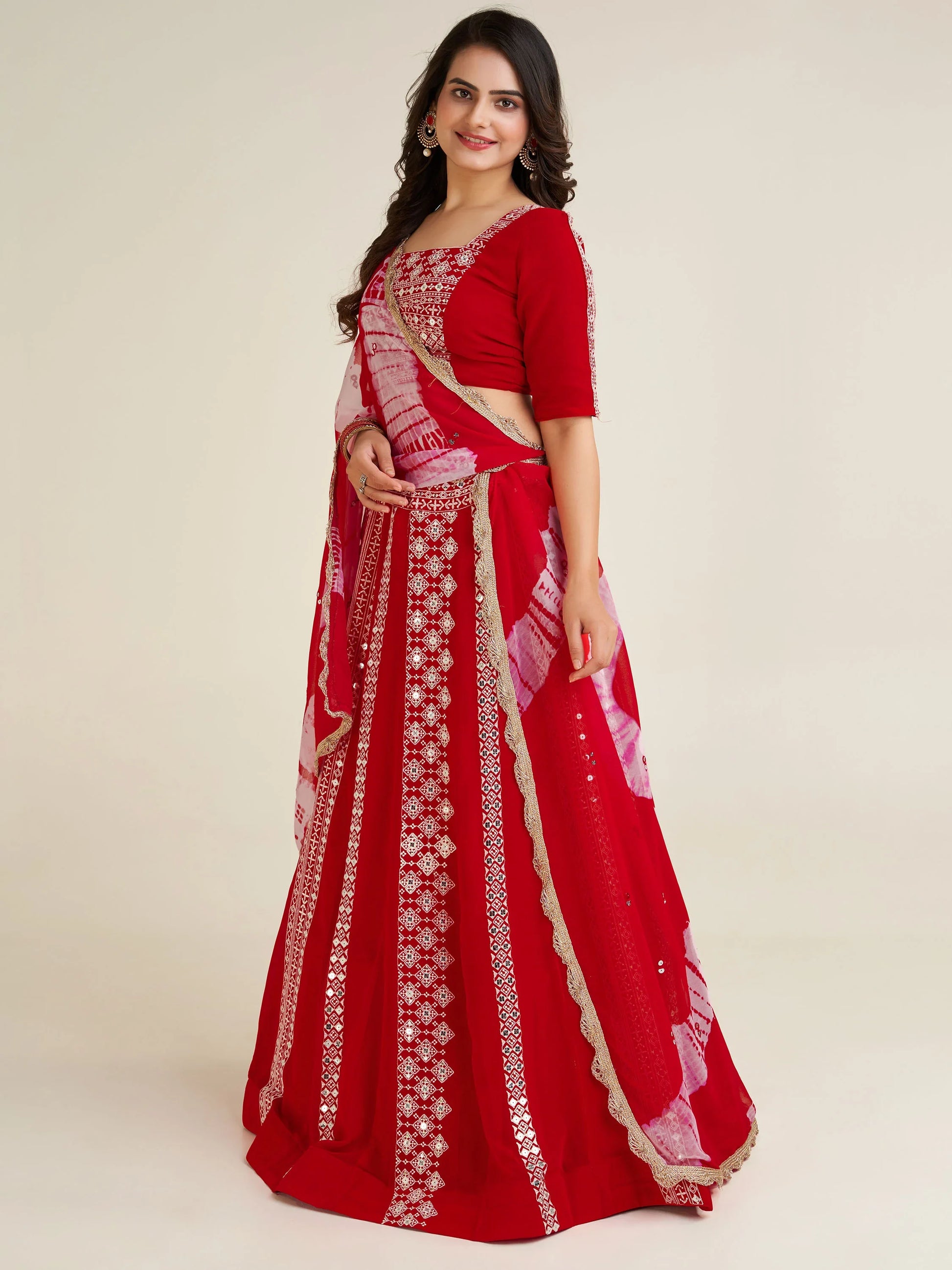 Charming Red Thread Work Georgette Navratri Wear Lehenga Choli - Zeel Clothing