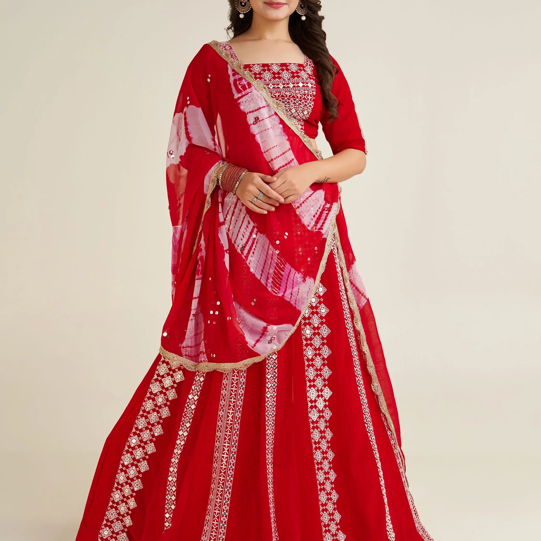 Charming Red Thread Work Georgette Navratri Wear Lehenga Choli - Zeel Clothing