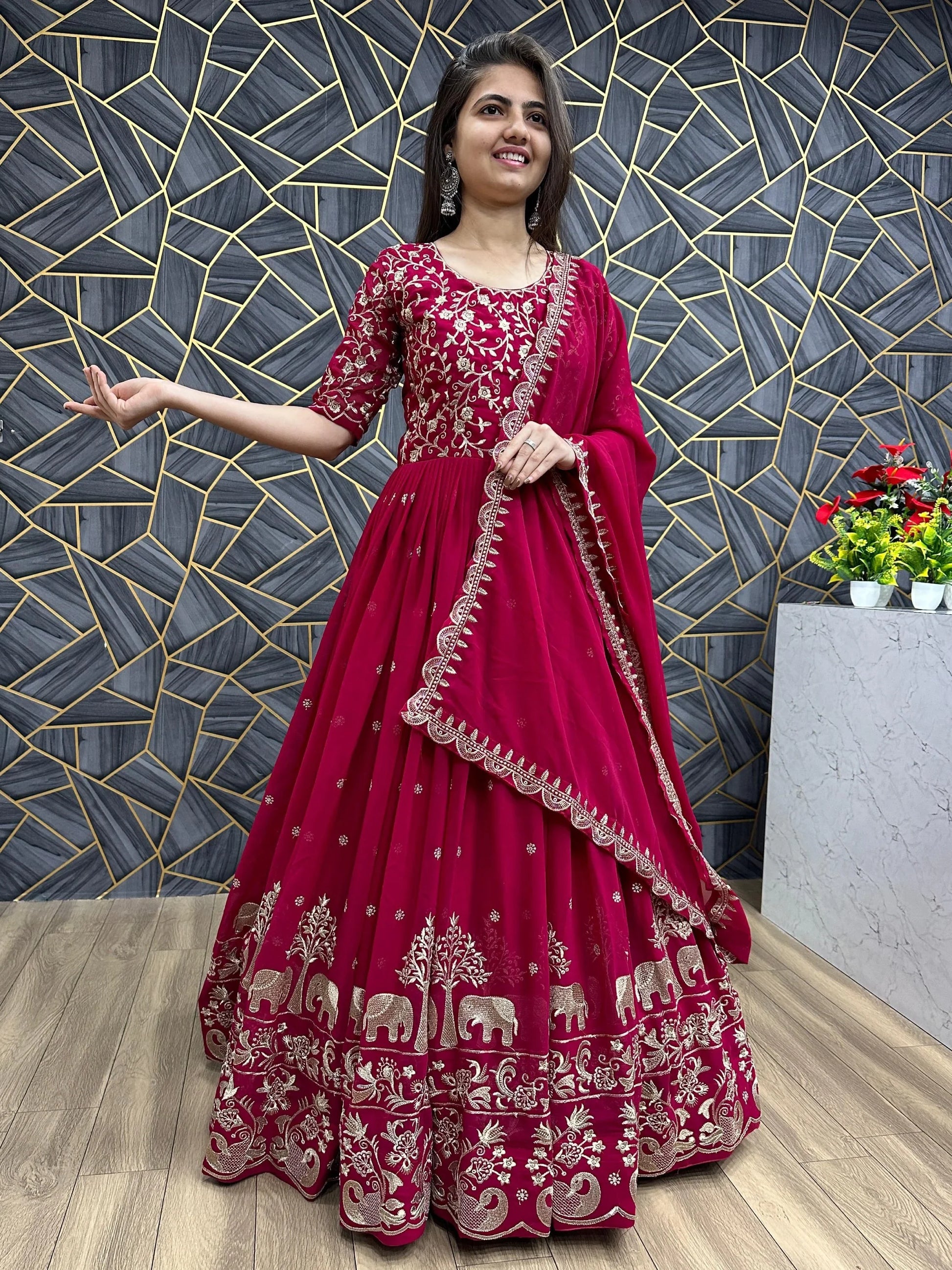 Charming Red Thread Work Georgette Wedding Wear Gown With Dupatta - Zeel Clothing