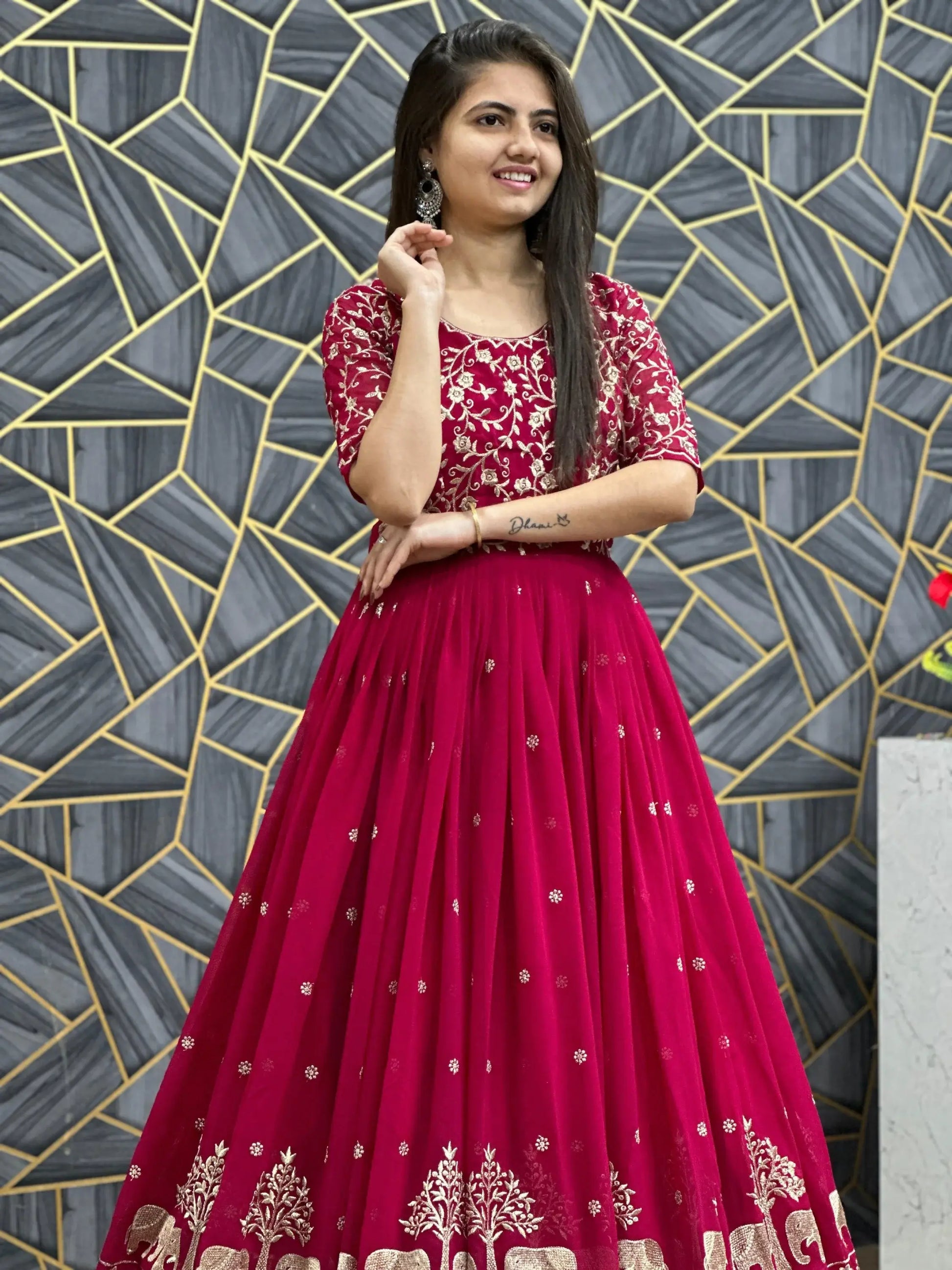 Charming Red Thread Work Georgette Wedding Wear Gown With Dupatta - Zeel Clothing