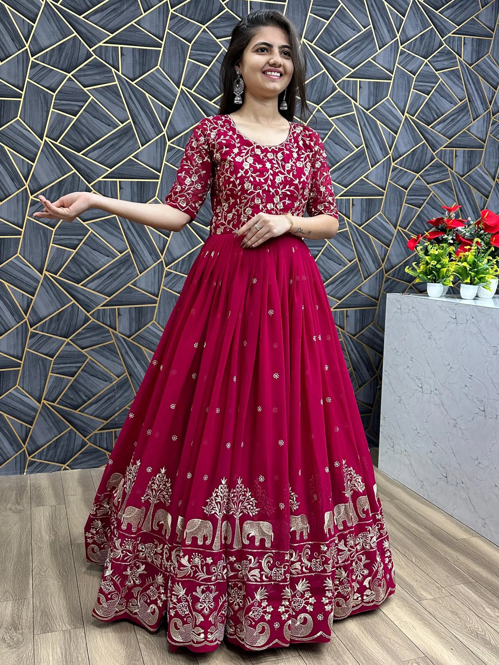 Charming Red Thread Work Georgette Wedding Wear Gown With Dupatta - Zeel Clothing