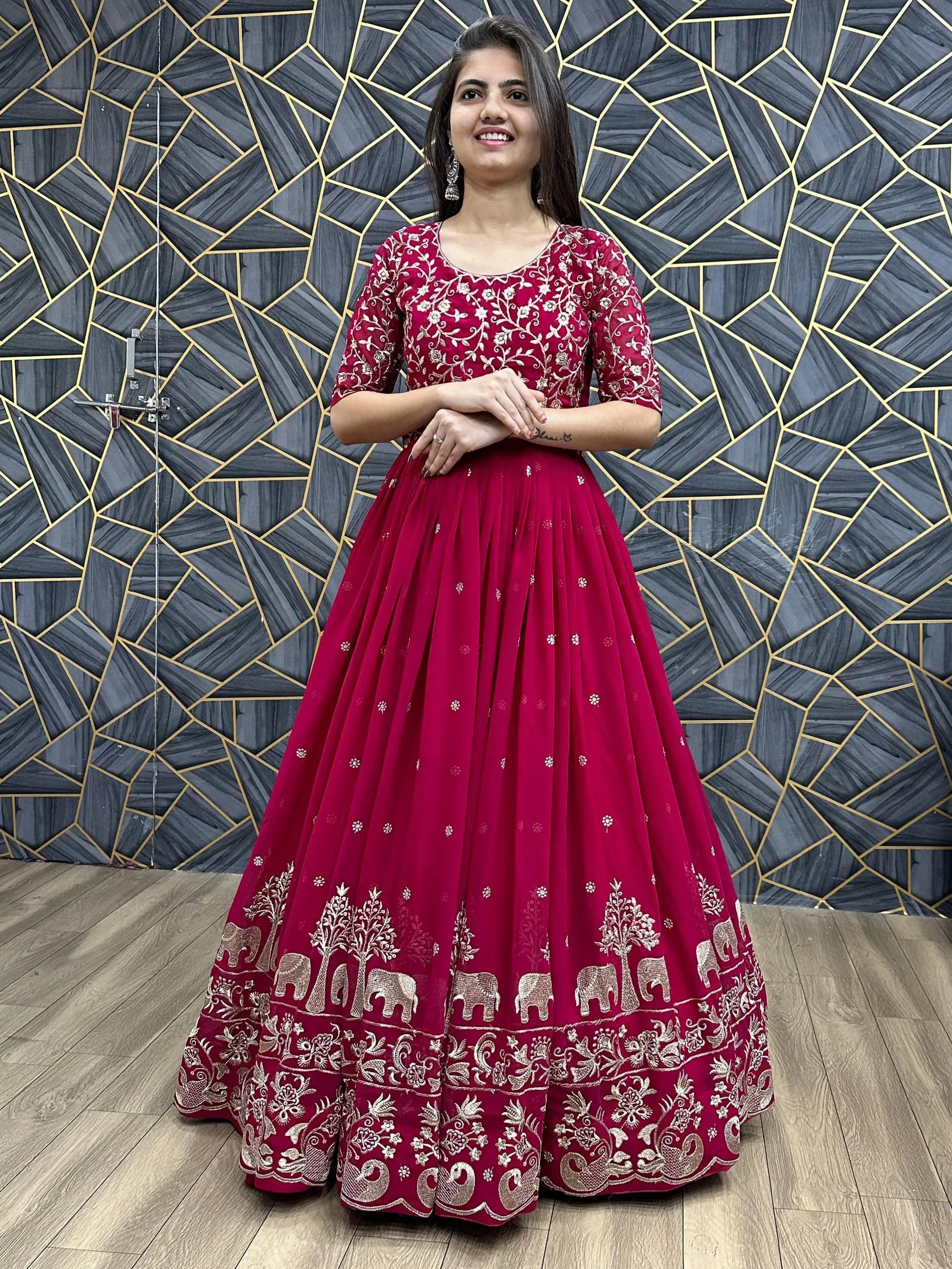 Charming Red Thread Work Georgette Wedding Wear Gown With Dupatta - Zeel Clothing
