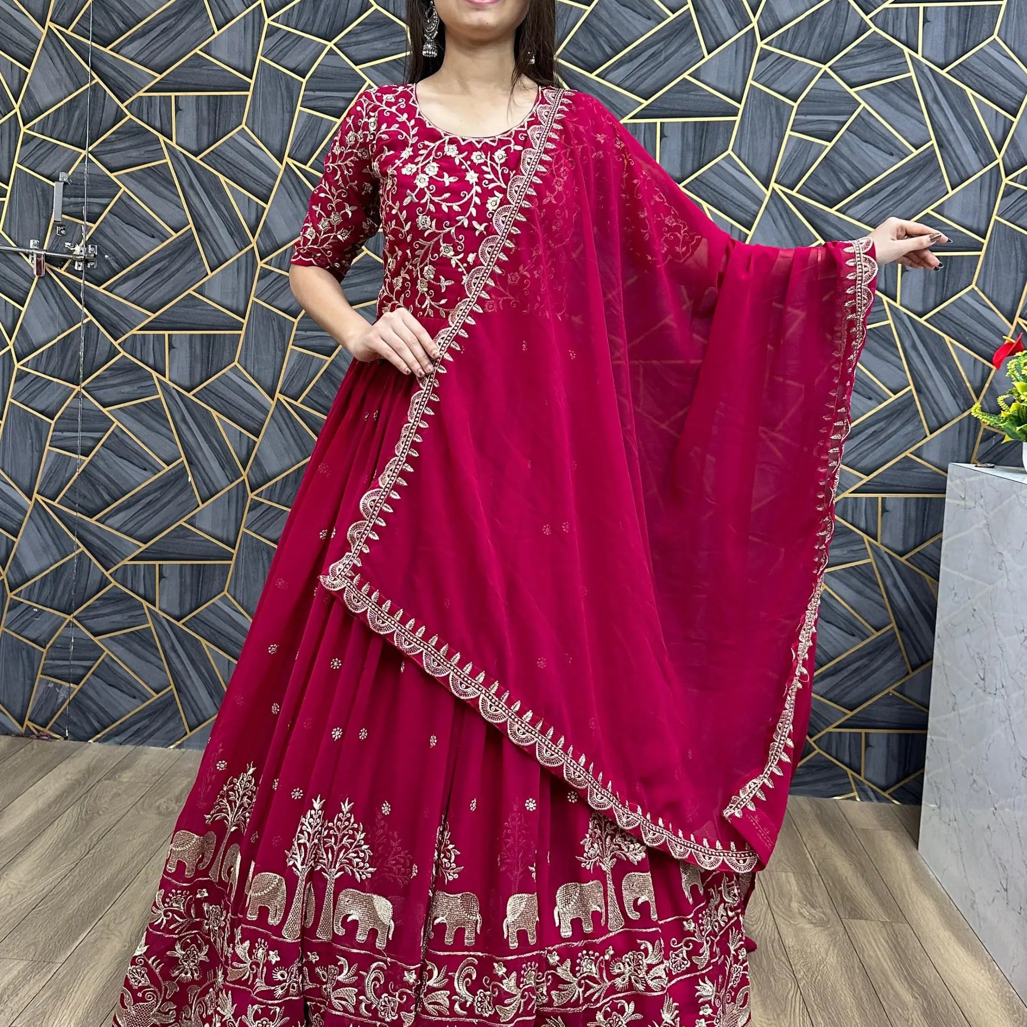 Charming Red Thread Work Georgette Wedding Wear Gown With Dupatta - Zeel Clothing