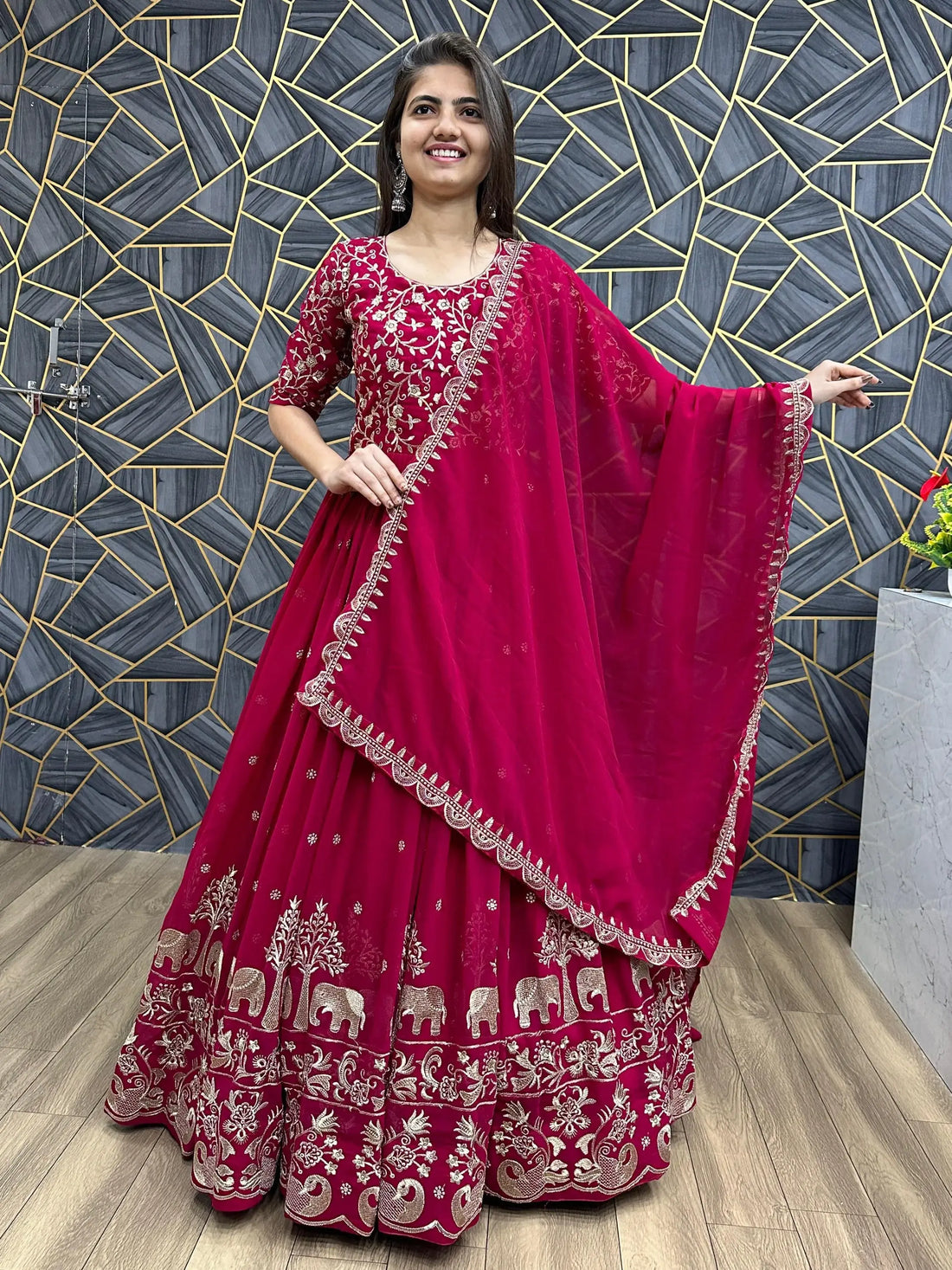 Charming Red Thread Work Georgette Wedding Wear Gown With Dupatta - Zeel Clothing