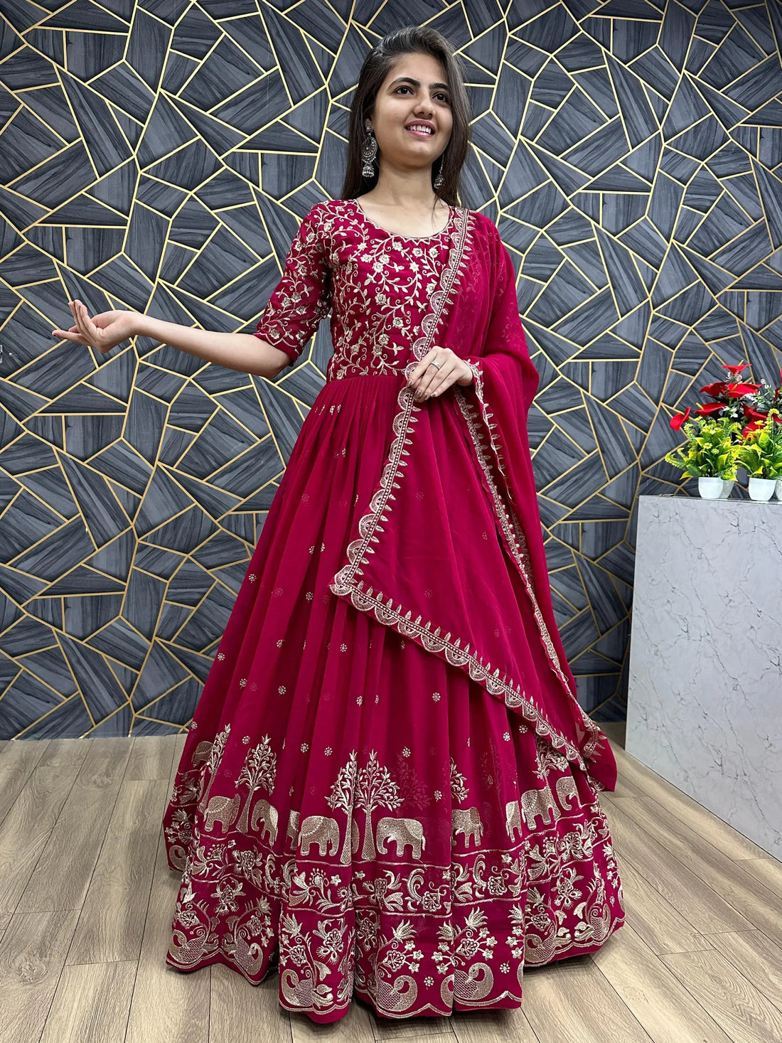 Charming Red Thread Work Georgette Wedding Wear Gown With Dupatta - Zeel Clothing