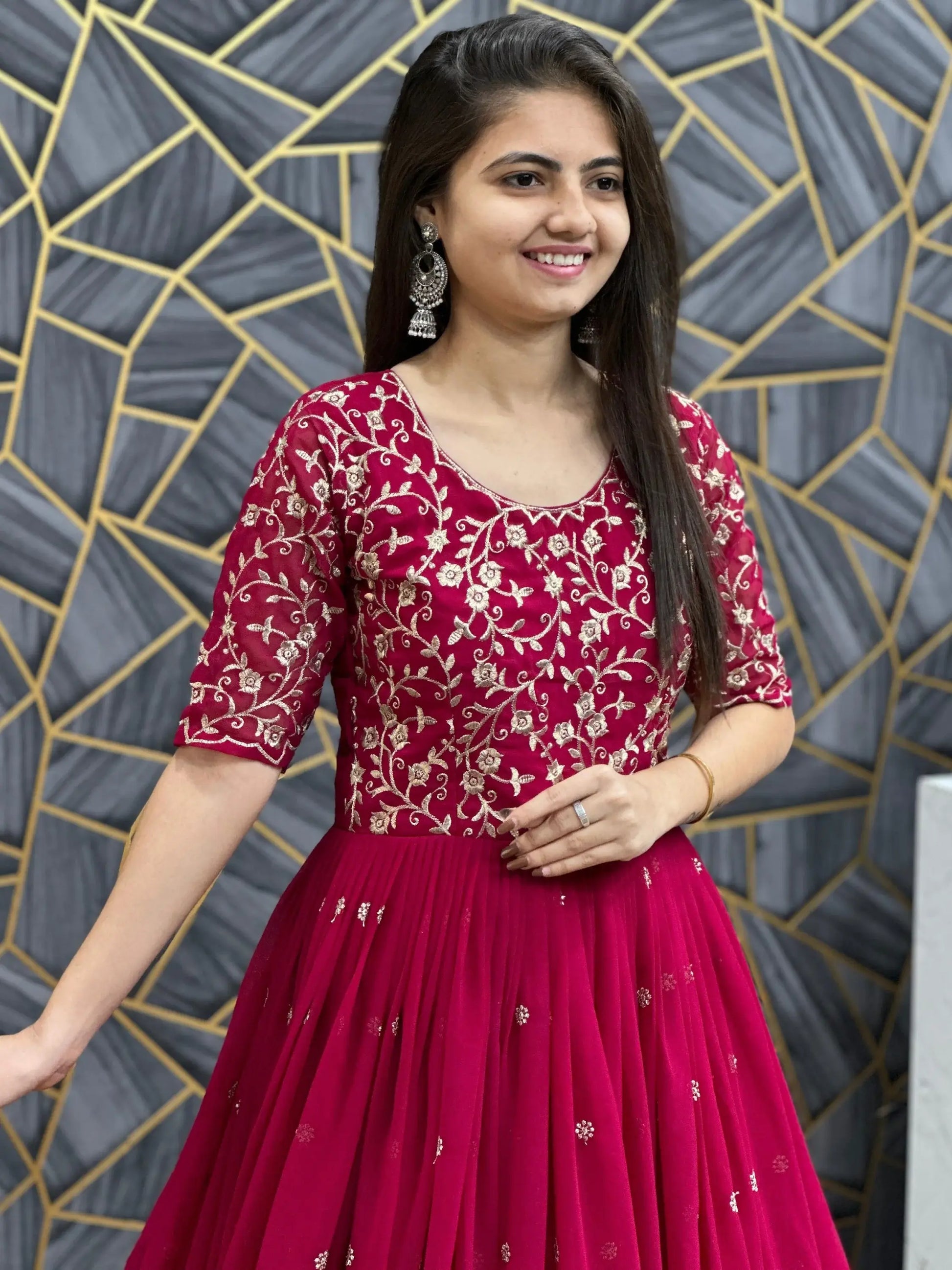 Charming Red Thread Work Georgette Wedding Wear Gown With Dupatta - Zeel Clothing