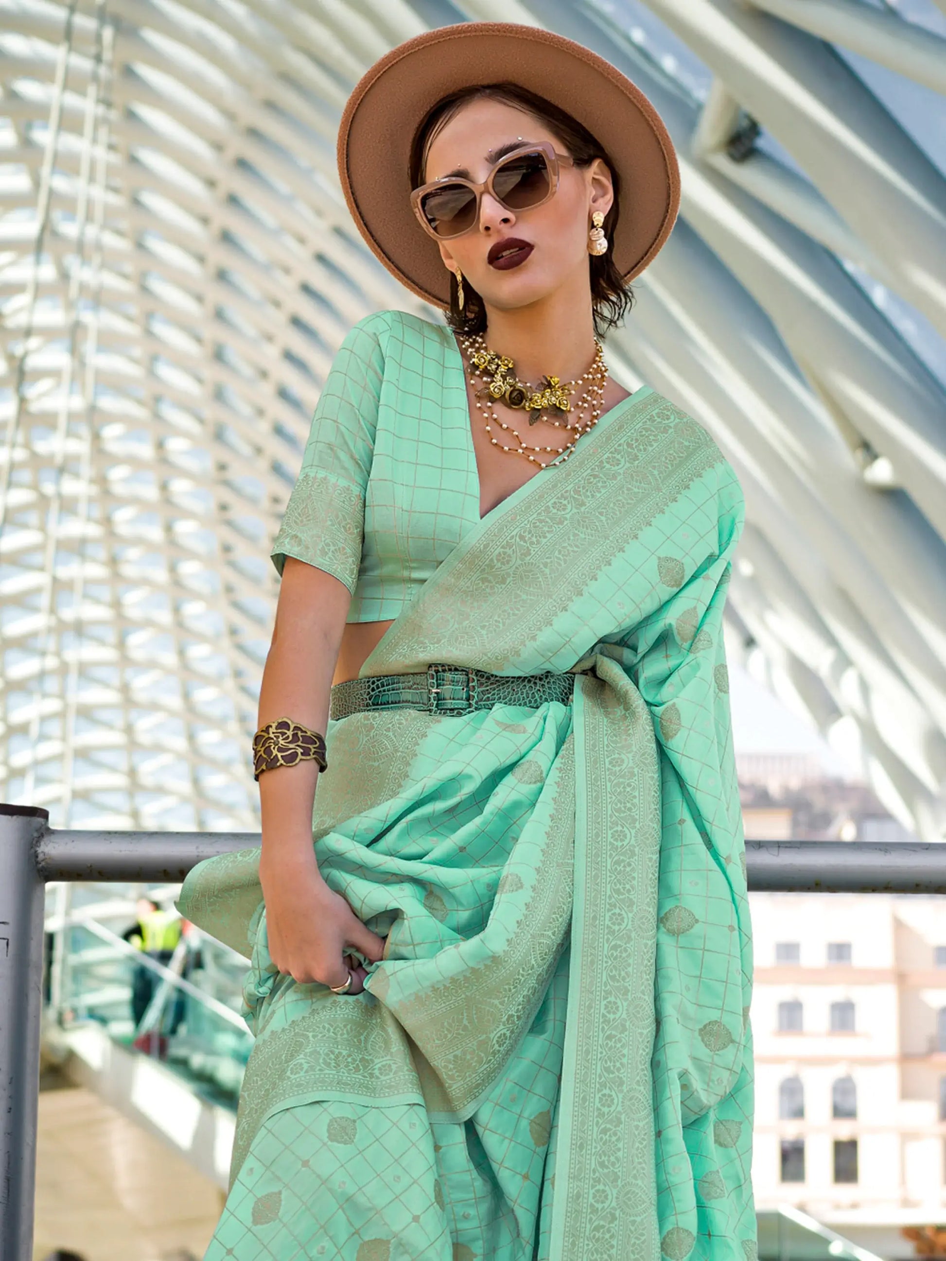 Charming Sea Green Zari Weaving Silk Trendy Saree With Blouse - Zeel Clothing