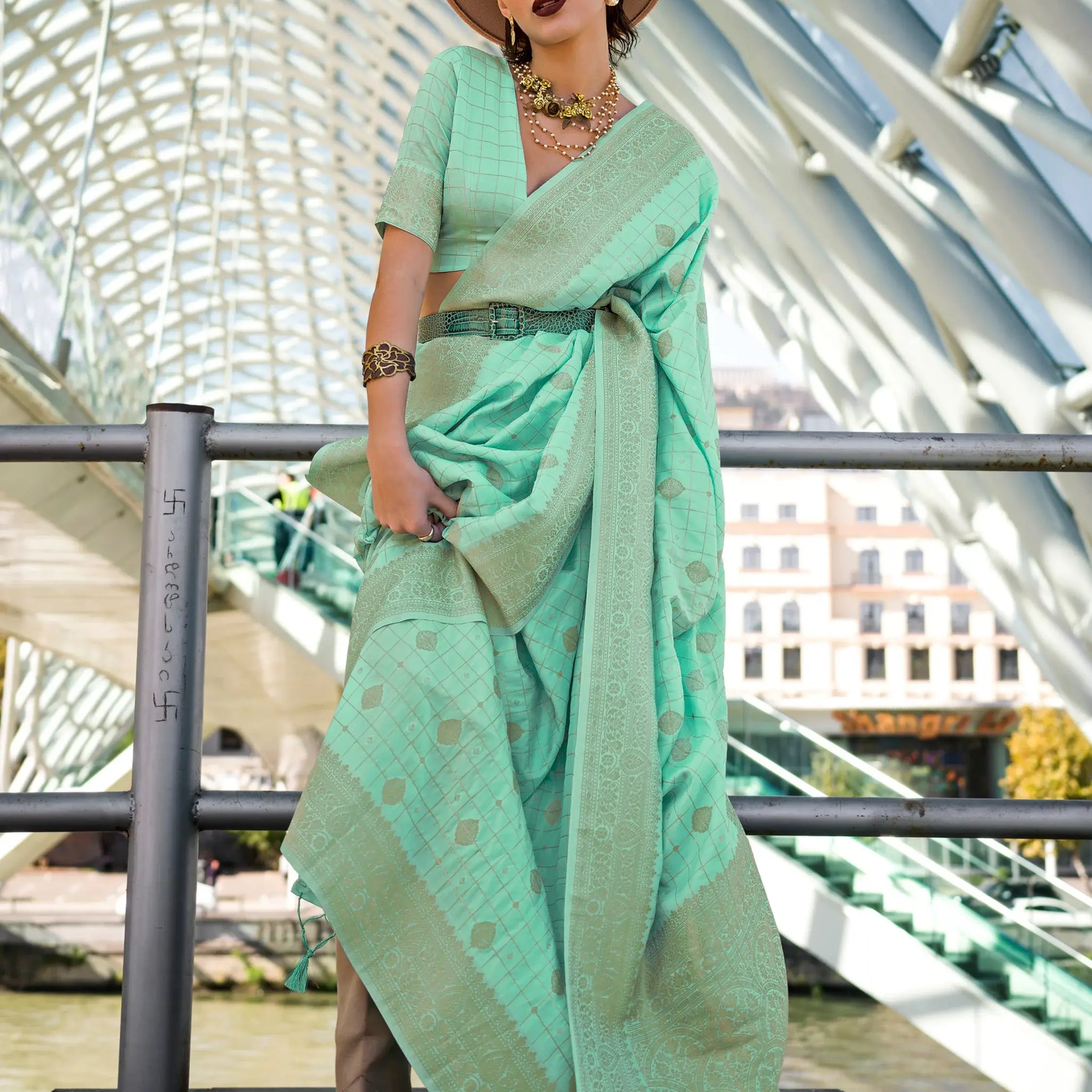 Charming Sea Green Zari Weaving Silk Trendy Saree With Blouse - Zeel Clothing