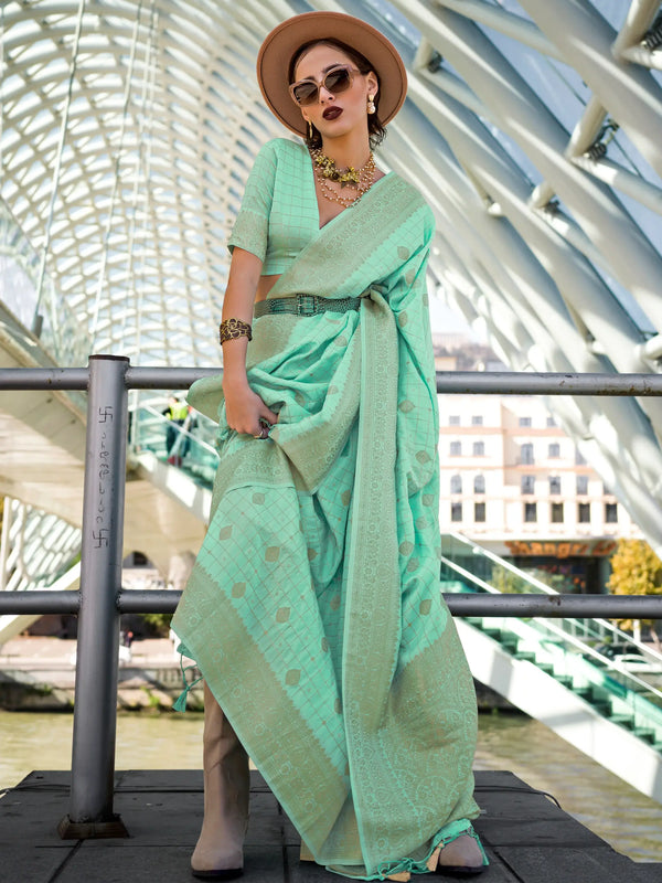 Charming Sea Green Zari Weaving Silk Trendy Saree With Blouse - Zeel Clothing