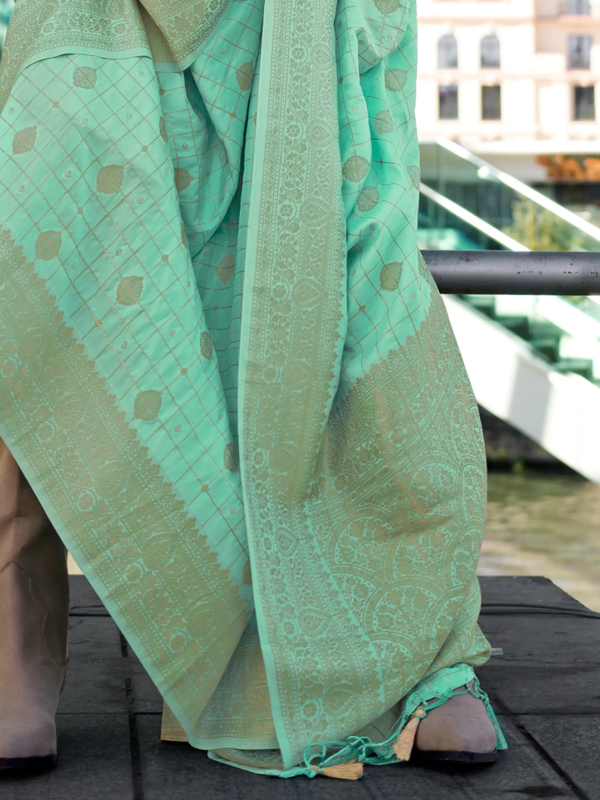 Charming Sea Green Zari Weaving Silk Trendy Saree With Blouse - Zeel Clothing