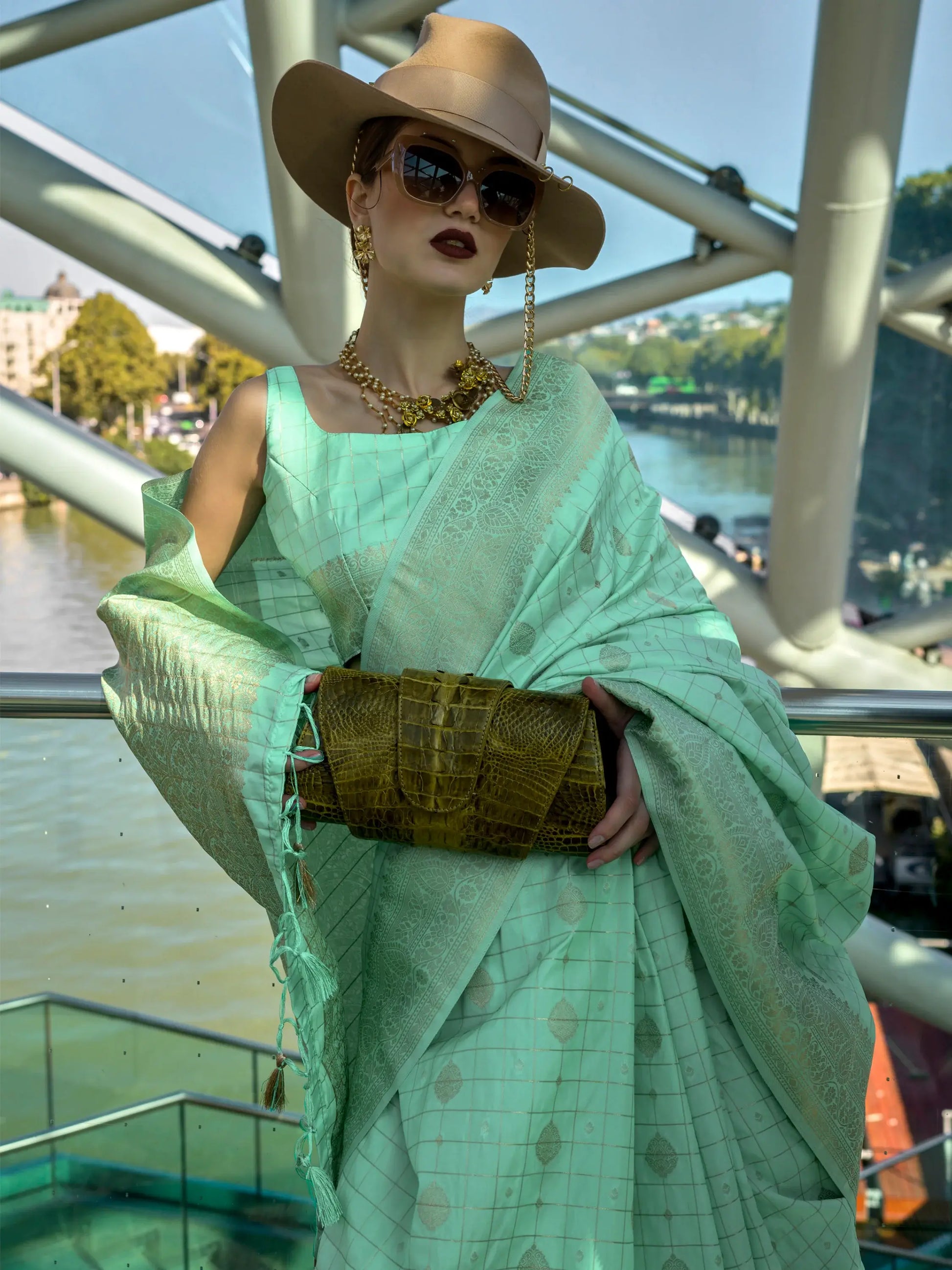 Charming Sea Green Zari Weaving Silk Trendy Saree With Blouse - Zeel Clothing