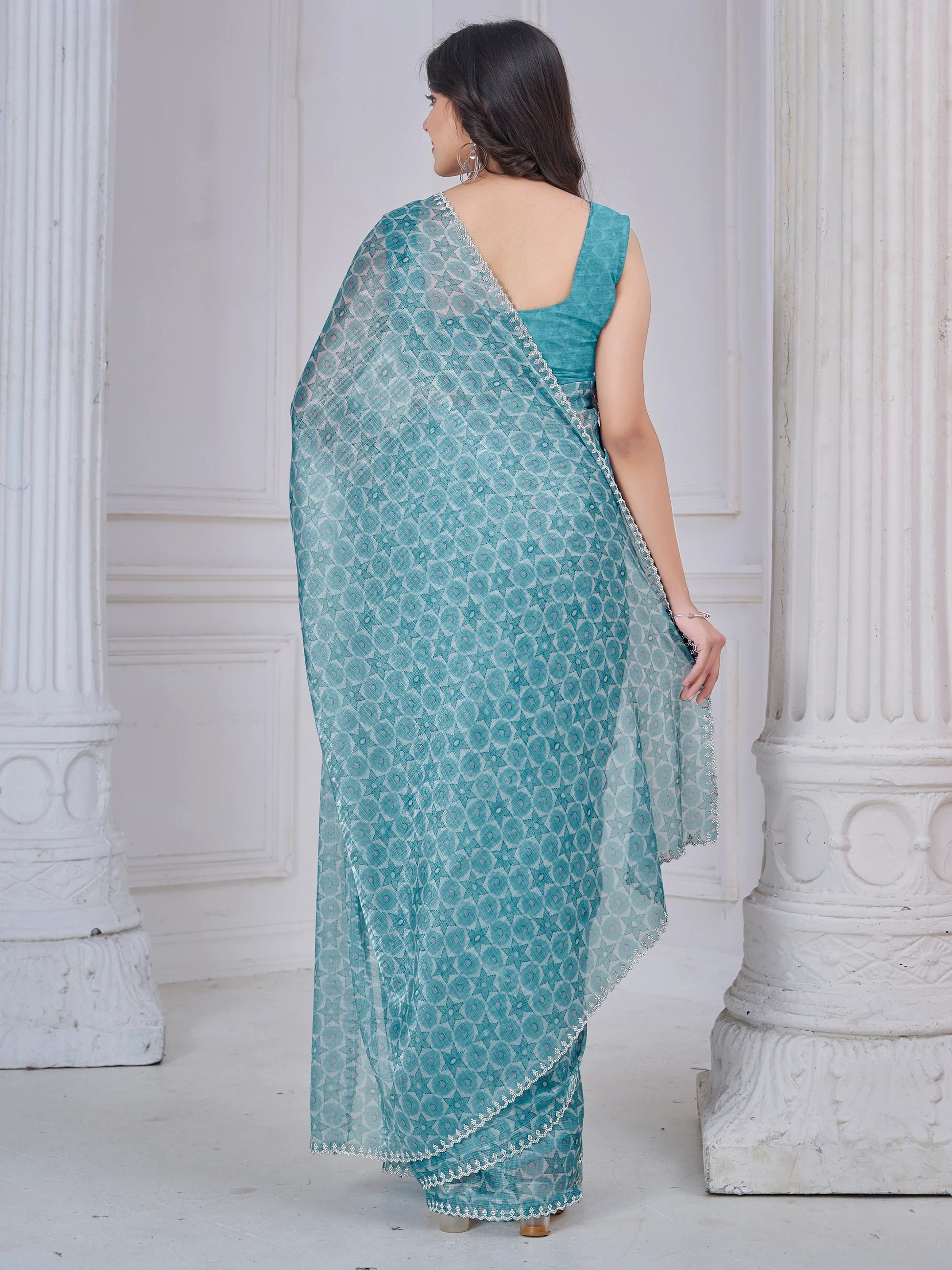 Charming Sky Blue Digital Printed Organza Silk Festive Wear Saree - Zeel Clothing