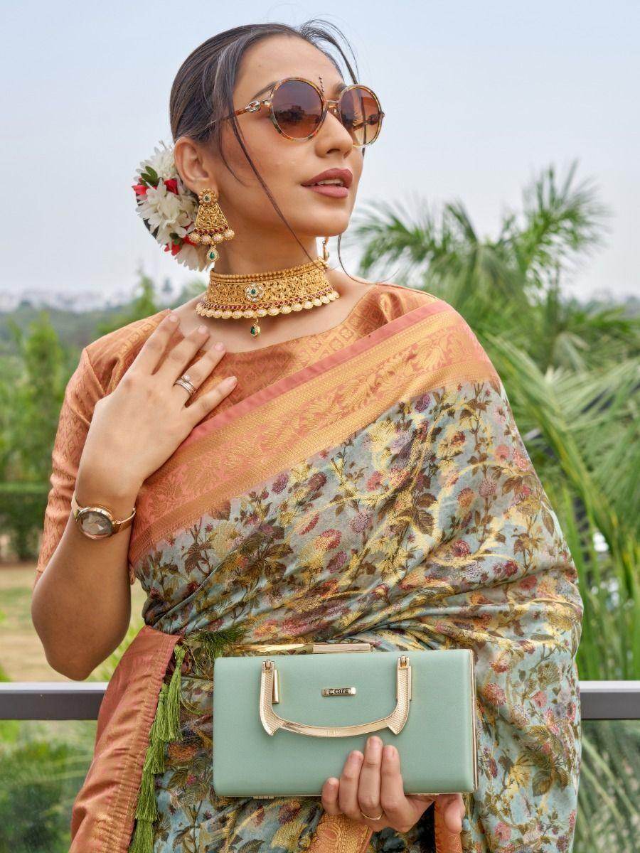 Charming Sky Blue Floral Printed Organza Wedding Wear Saree - Zeel Clothing