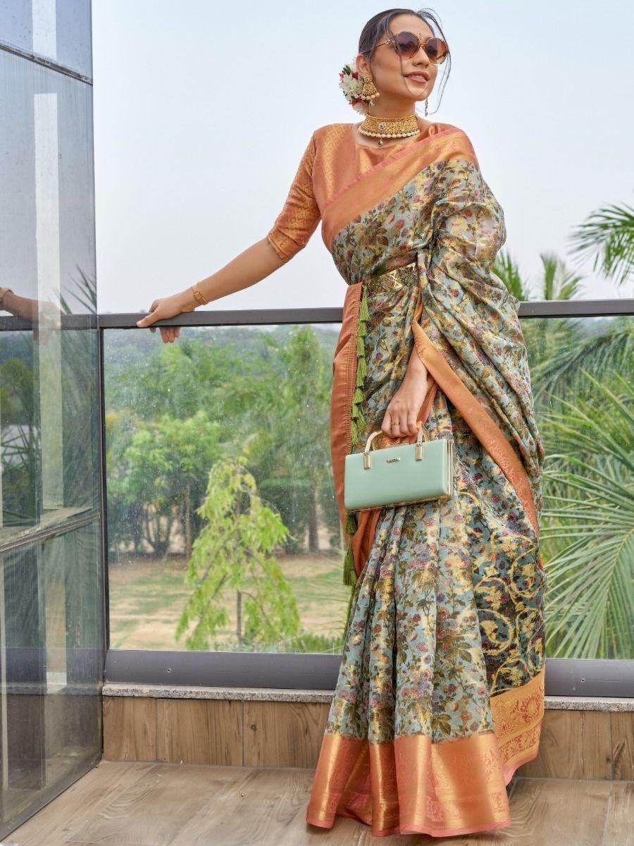 Charming Sky Blue Floral Printed Organza Wedding Wear Saree - Zeel Clothing