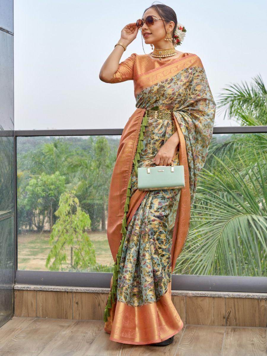 Charming Sky Blue Floral Printed Organza Wedding Wear Saree - Zeel Clothing