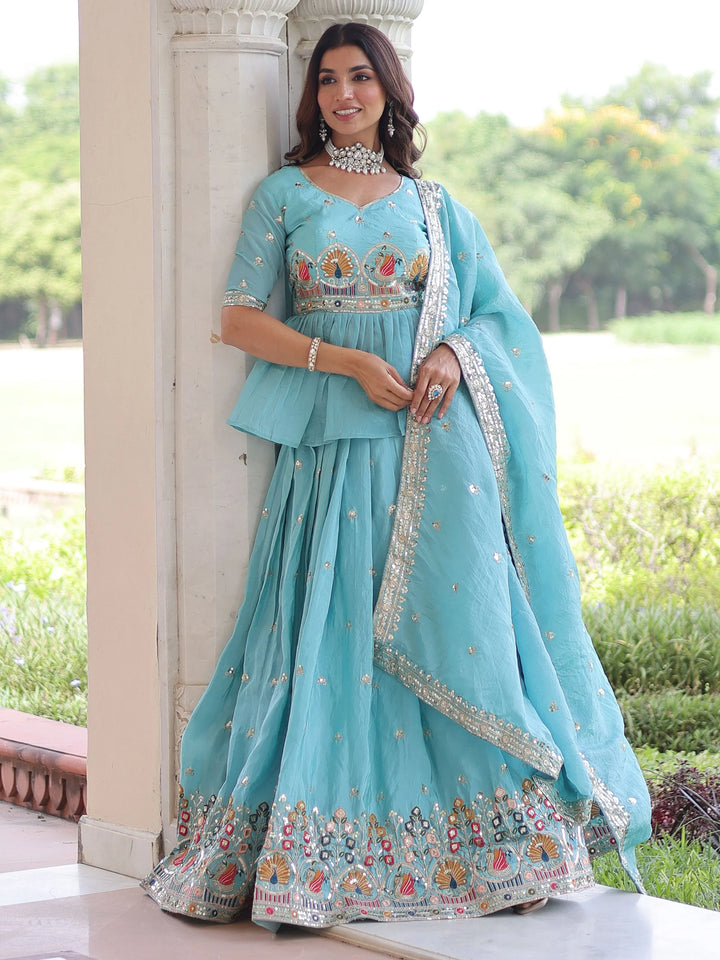 Charming Sky Blue Thread Work Silk Designer Lehenga With Peplum Top