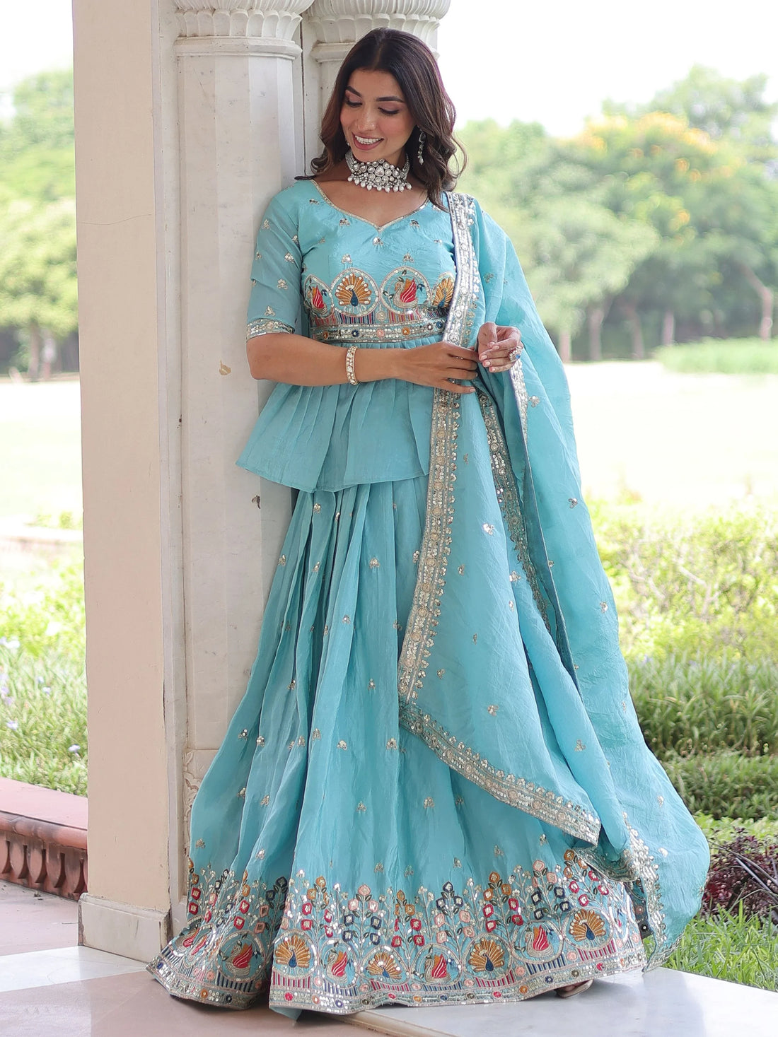 Charming Sky Blue Thread Work Silk Designer Lehenga With Peplum Top