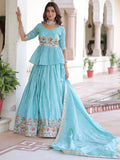 Charming Sky Blue Thread Work Silk Designer Lehenga With Peplum Top