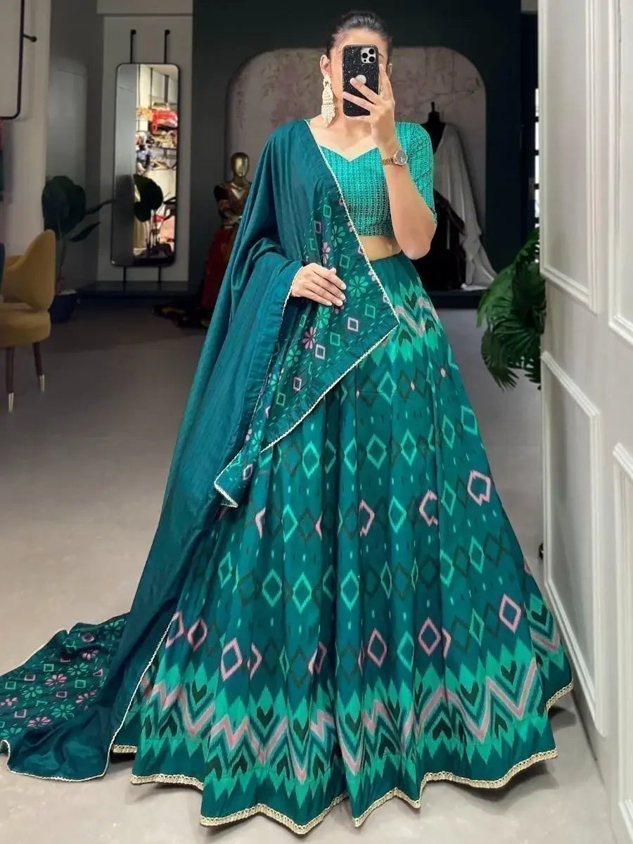 Charming Teal Blue Digital Printed Silk Lehenga Choli With Dupatta - Zeel Clothing