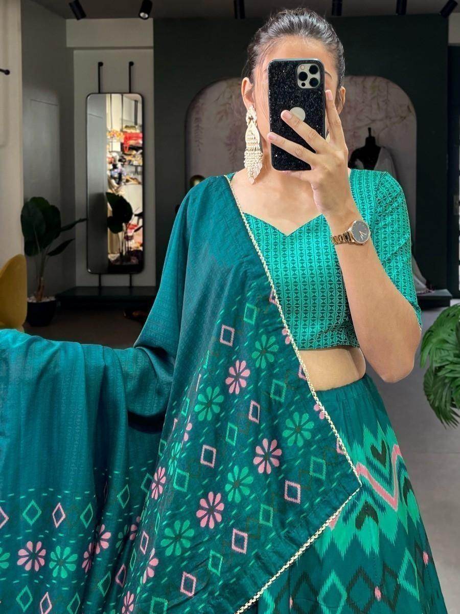 Charming Teal Blue Digital Printed Silk Lehenga Choli With Dupatta - Zeel Clothing