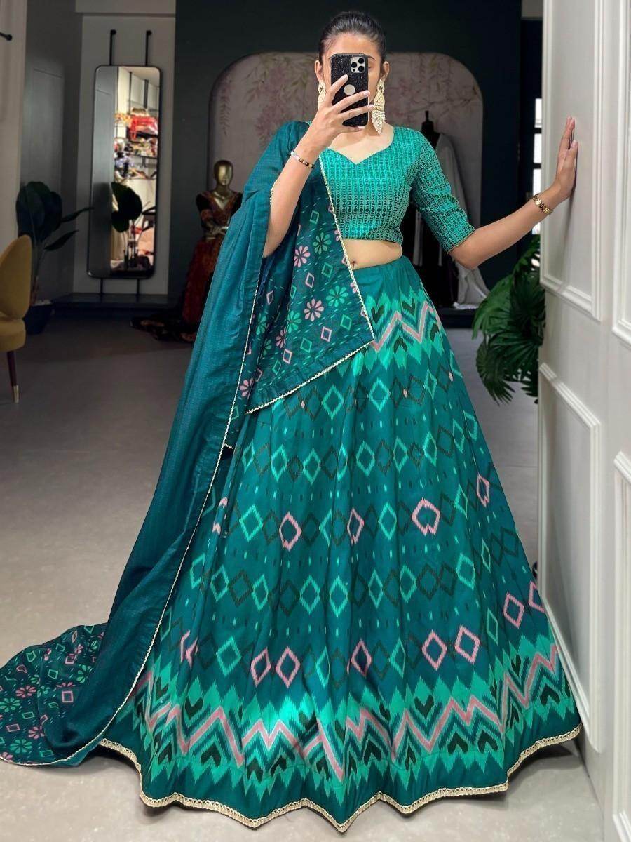 Charming Teal Blue Digital Printed Silk Lehenga Choli With Dupatta - Zeel Clothing