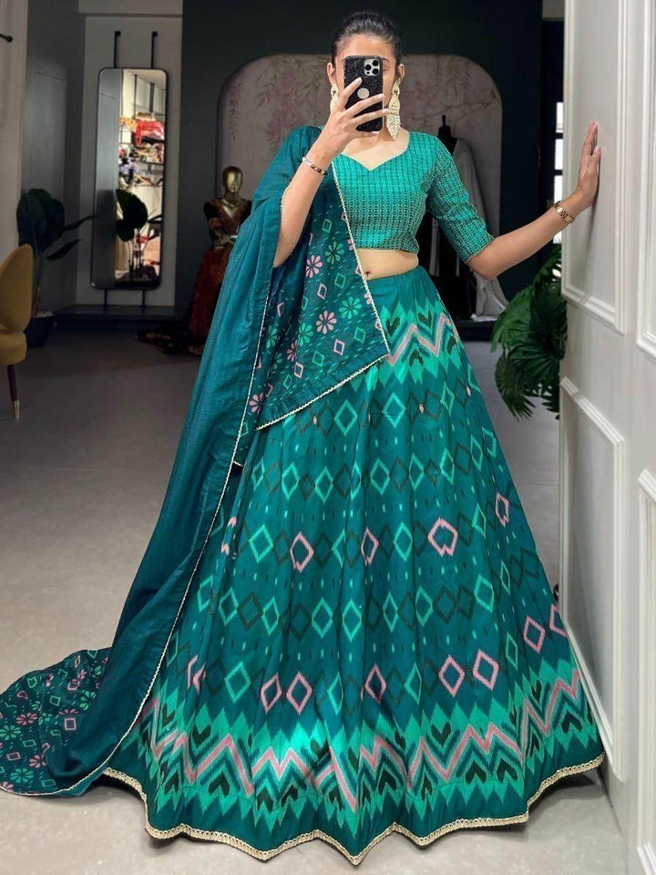 Charming Teal Blue Digital Printed Silk Lehenga Choli With Dupatta - Zeel Clothing