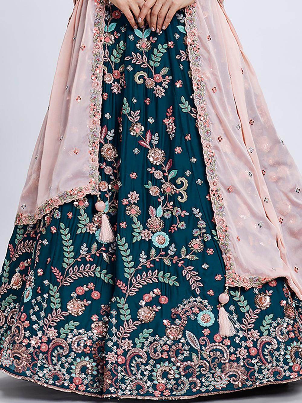 Charming Teal Blue Embroidered Georgette Sangeet Wear Lehenga Choli - Zeel Clothing