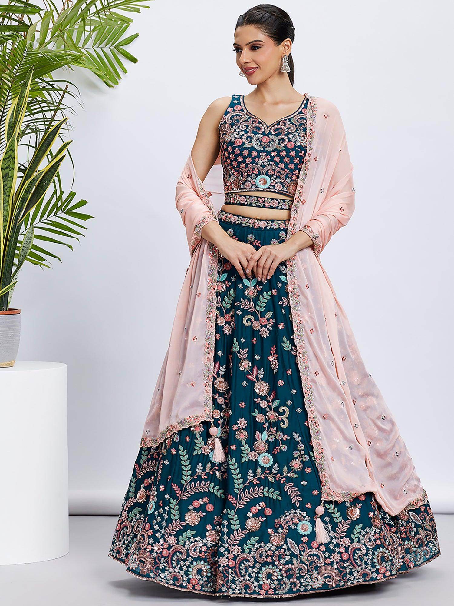 Charming Teal Blue Embroidered Georgette Sangeet Wear Lehenga Choli - Zeel Clothing