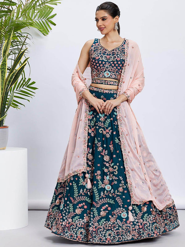 Charming Teal Blue Embroidered Georgette Sangeet Wear Lehenga Choli - Zeel Clothing