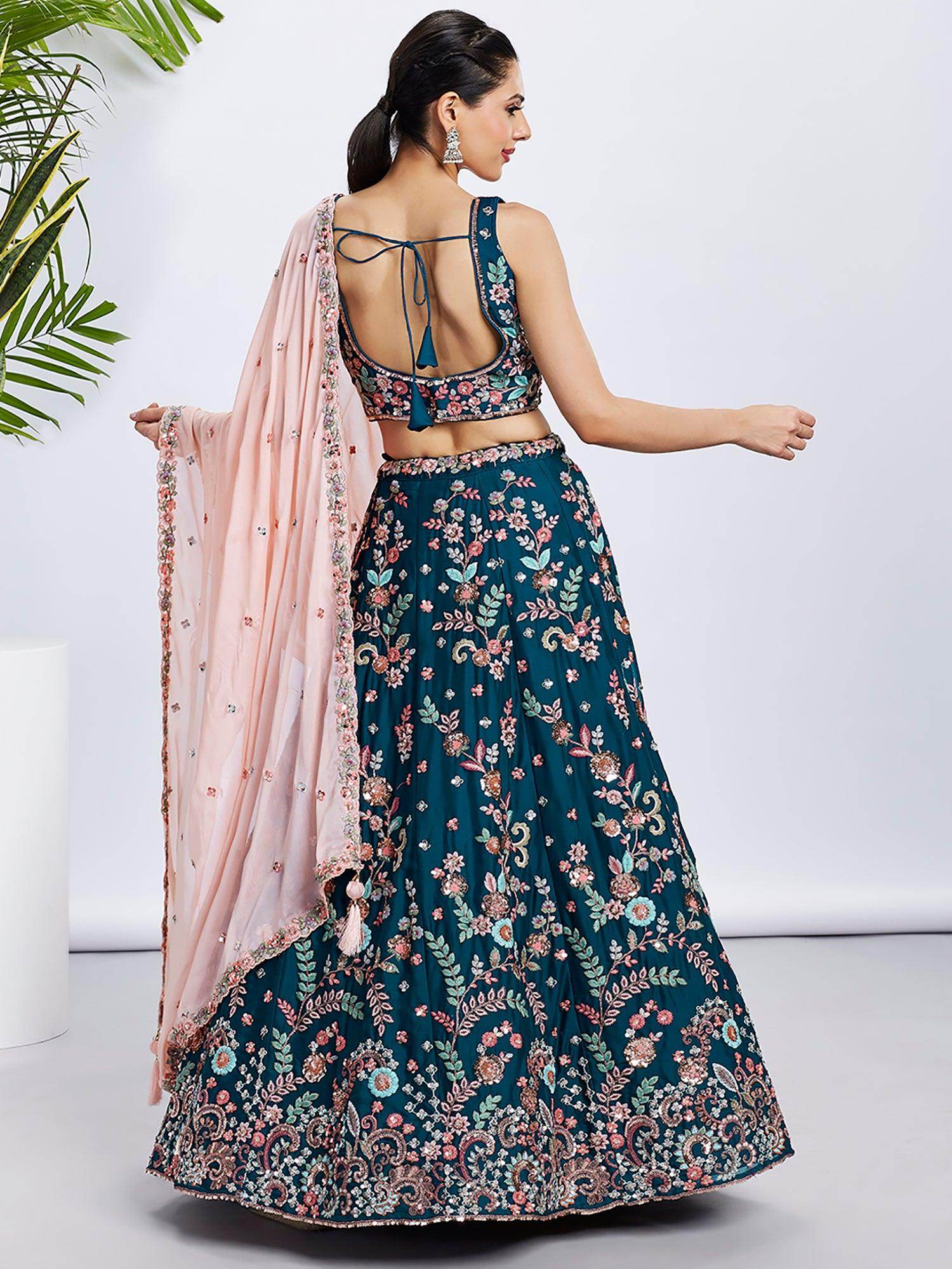 Charming Teal Blue Embroidered Georgette Sangeet Wear Lehenga Choli - Zeel Clothing