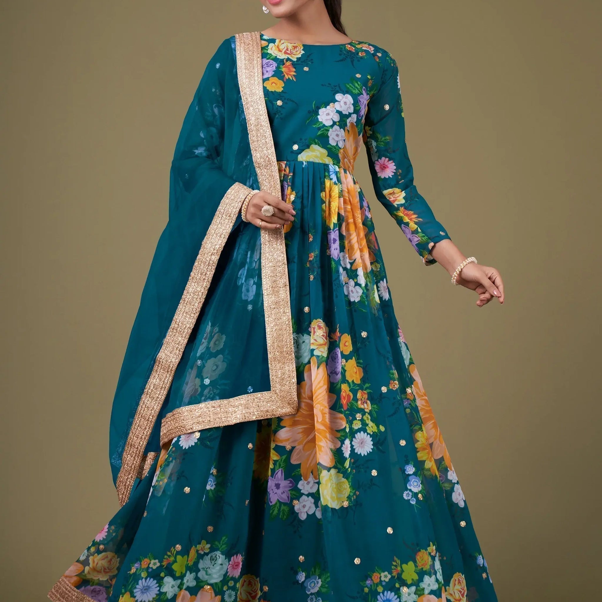 Charming Teal Blue Floral Printed Georgette Gown With Dupatta - Zeel Clothing
